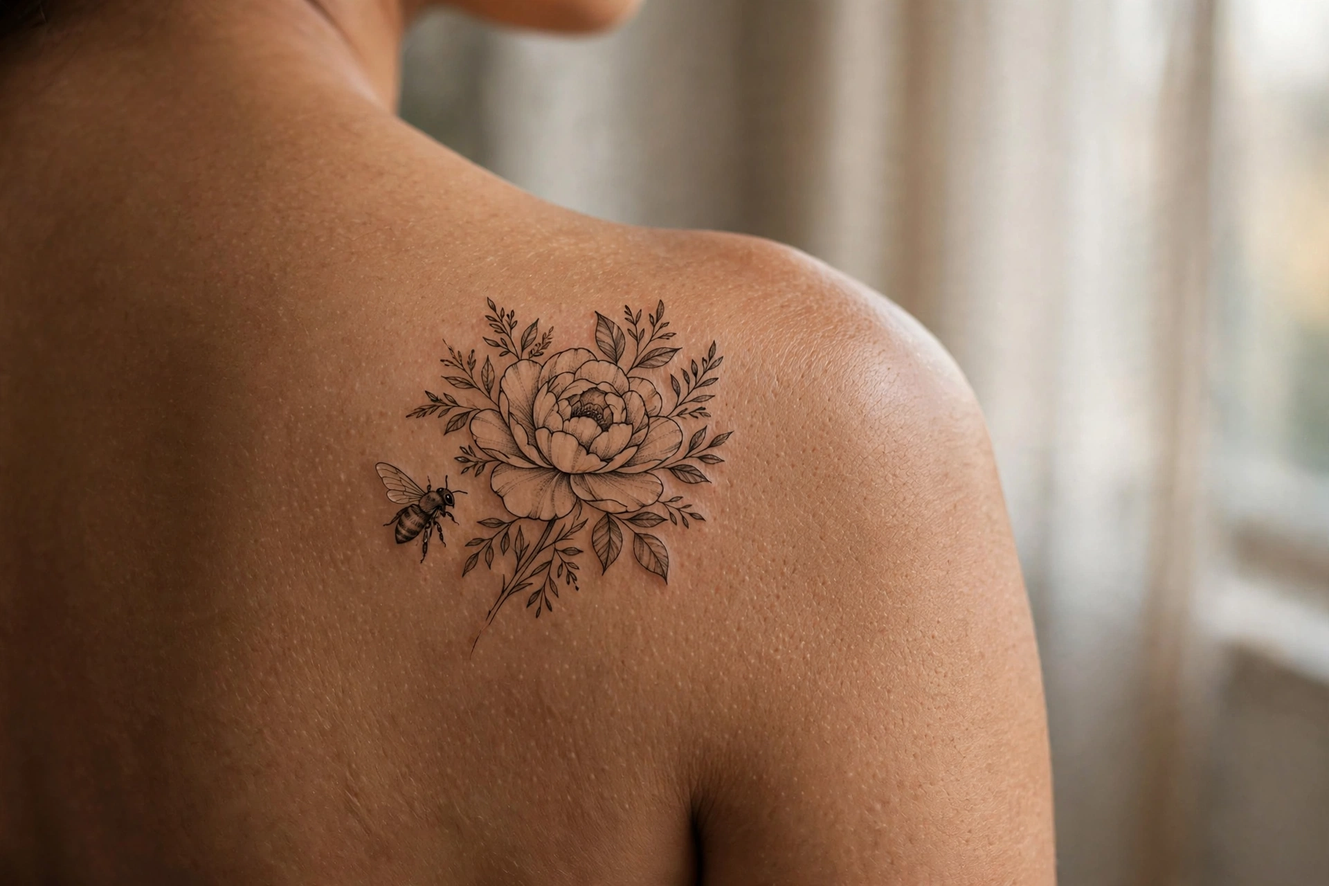 Flower blossom with a honeybee tattoo in fine detail on a shoulder