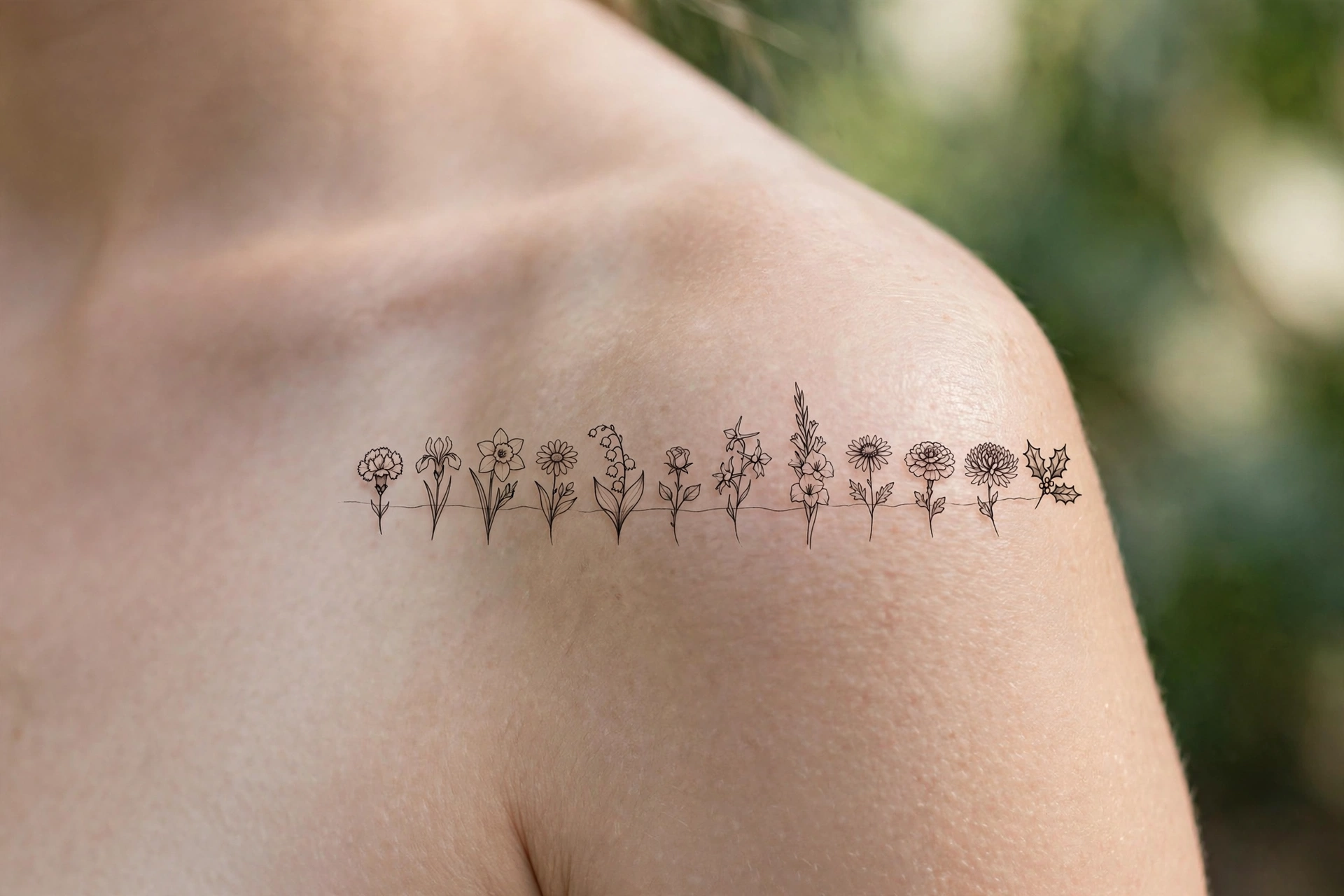 Two birth month flowers intertwined tattoo representing family on a forearm