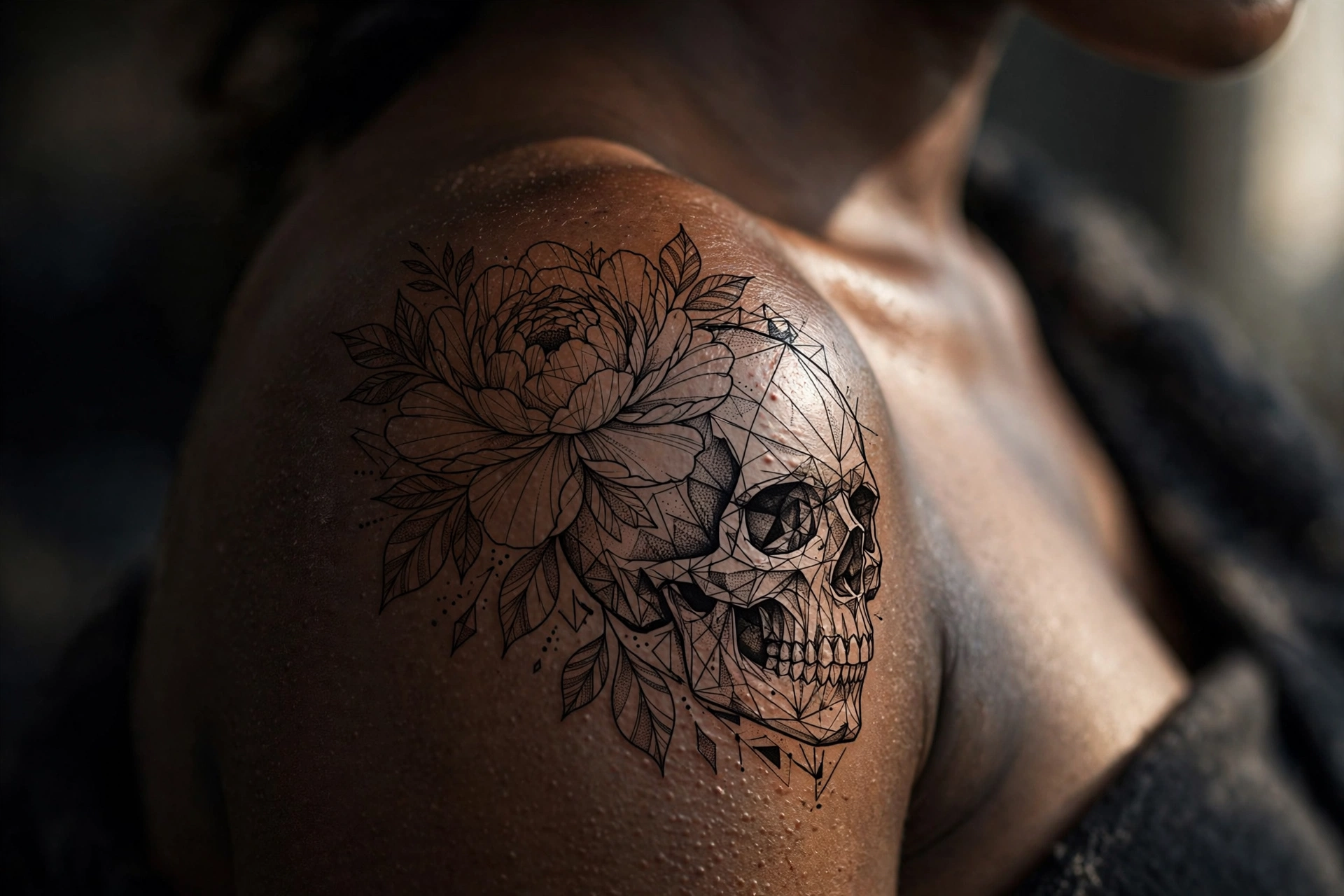 Peony blossoms with a decorative skull tattoo blending beauty and edge
