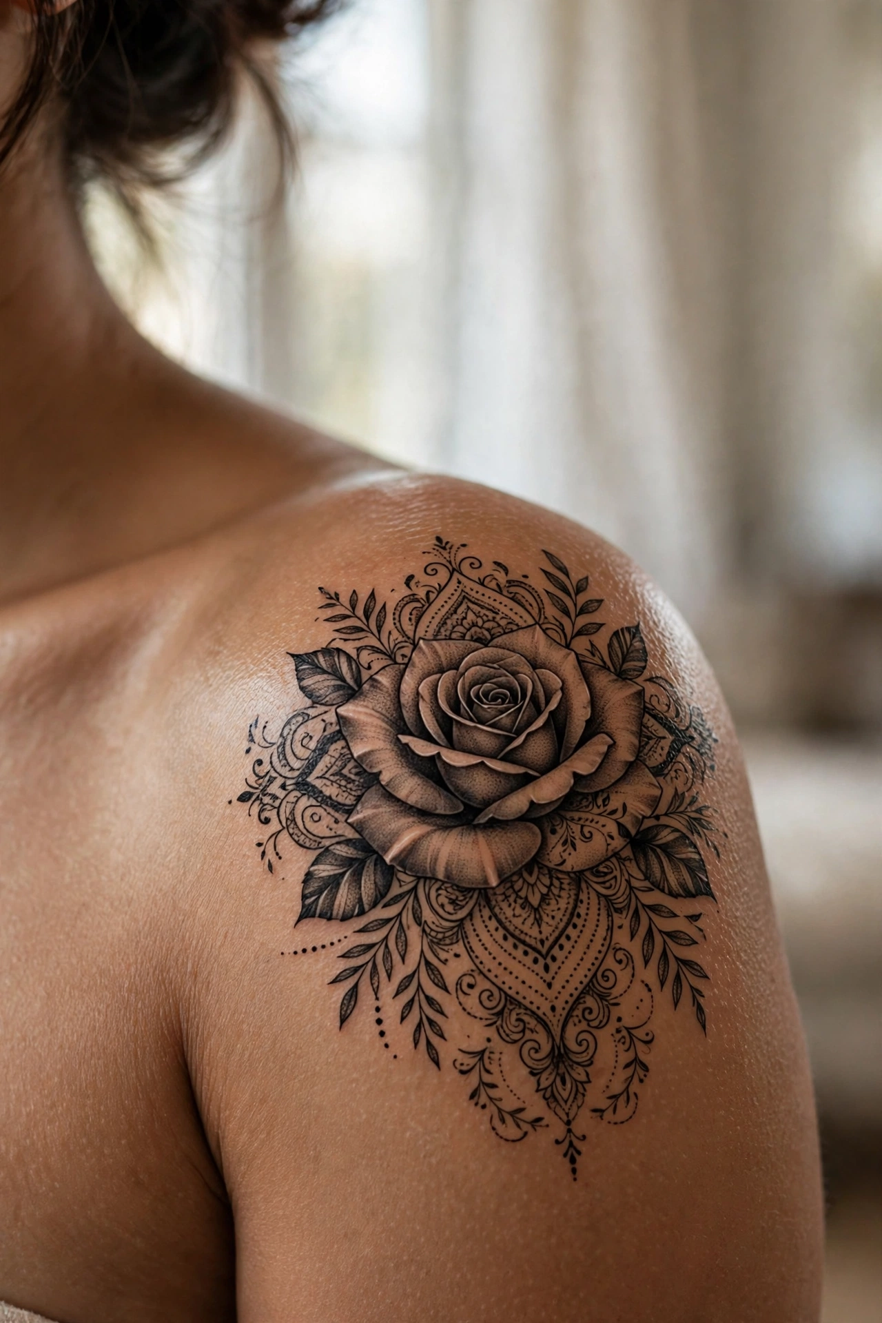 Realistic black and grey rose tattoo with soft shading on a forearm