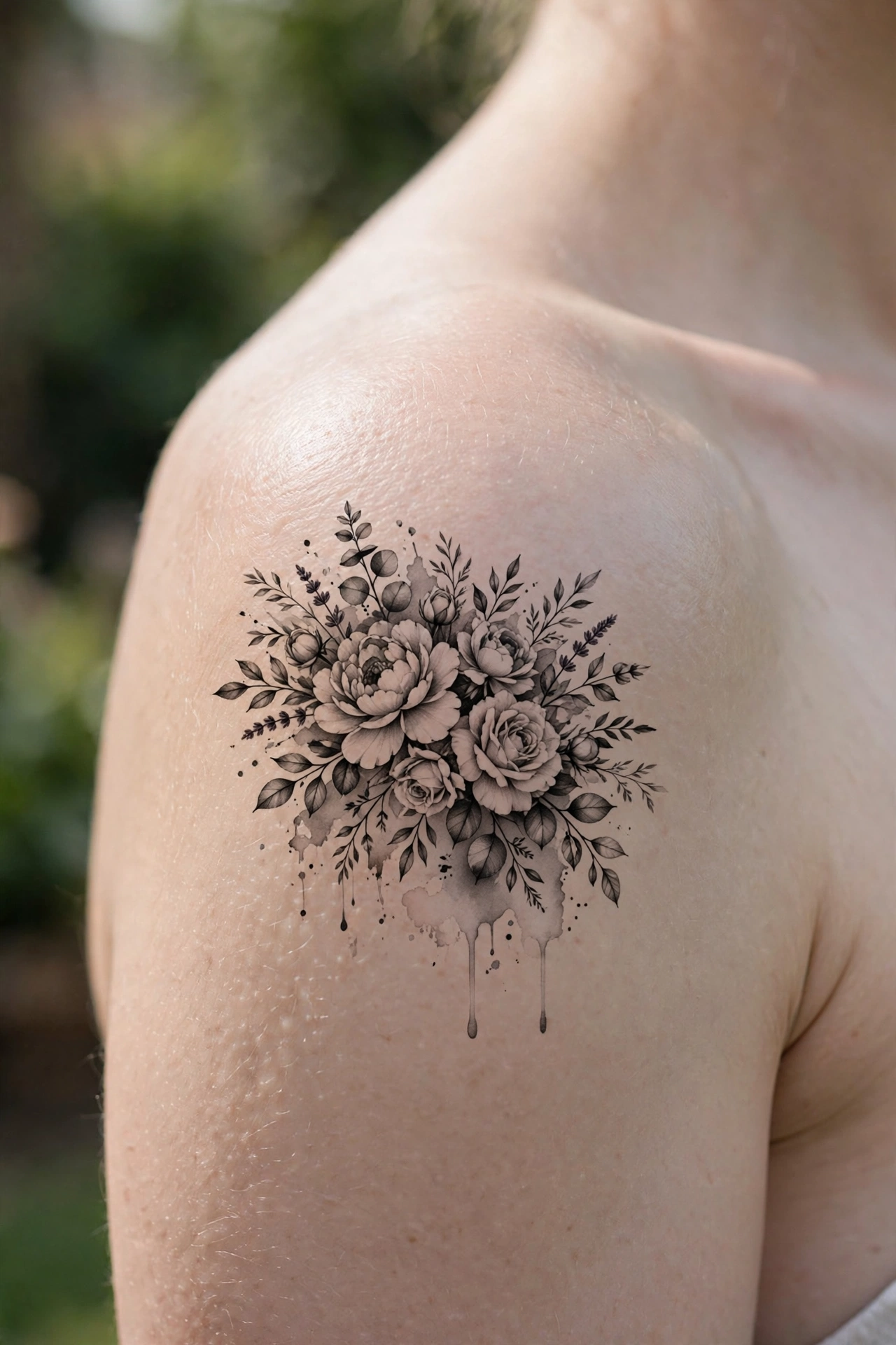 Loose watercolor flower bouquet tattoo with paint splatter effects