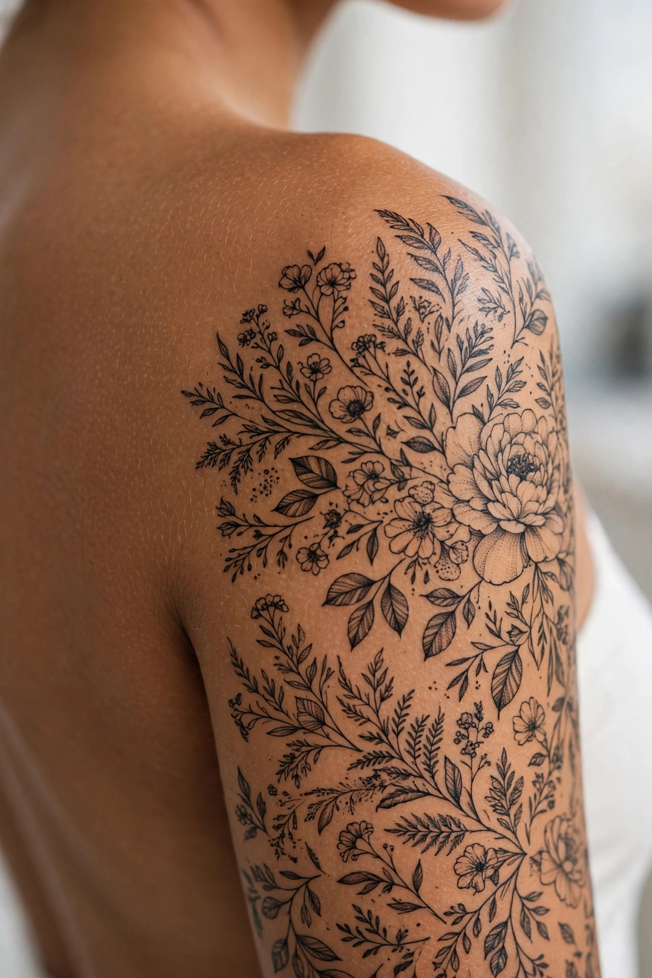 Bold blackwork floral tattoo sleeve with negative space on an arm
