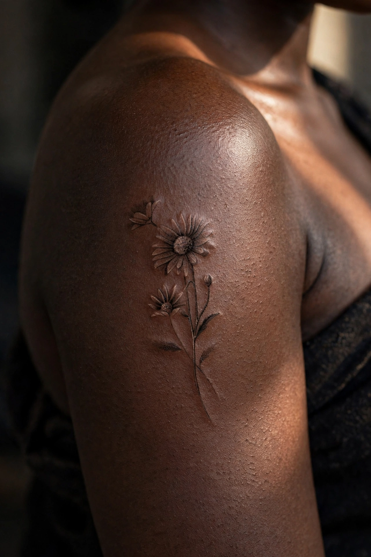 Ultra-fine single-needle daisy tattoo with hairline details