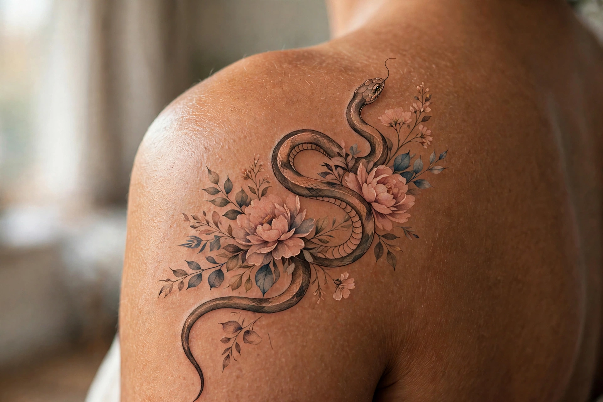 Snake winding through large tropical flowers tattoo on a thigh