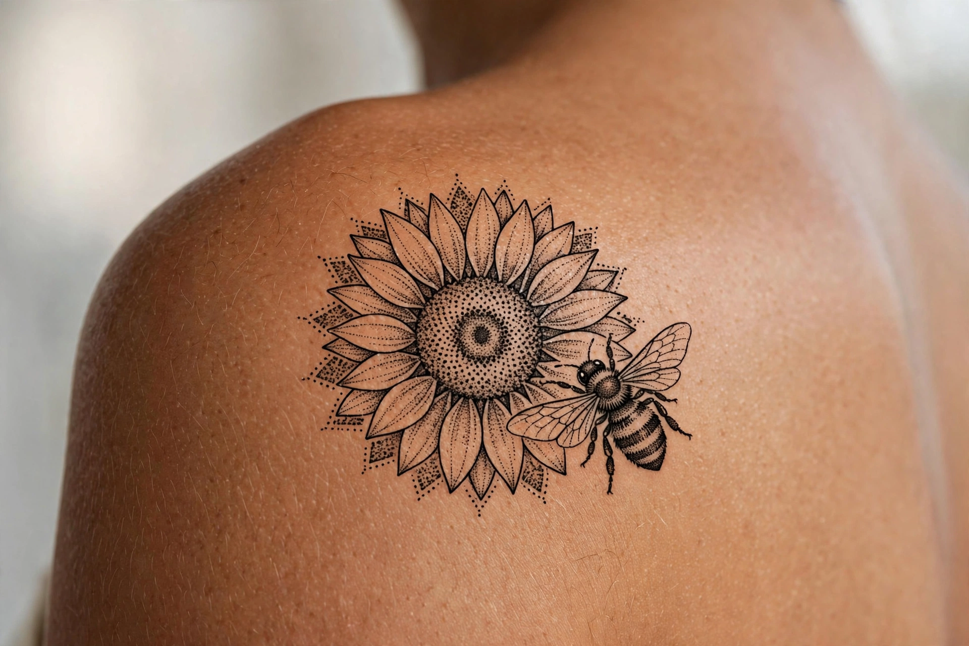 Sunflower with a bumblebee gathering pollen tattoo