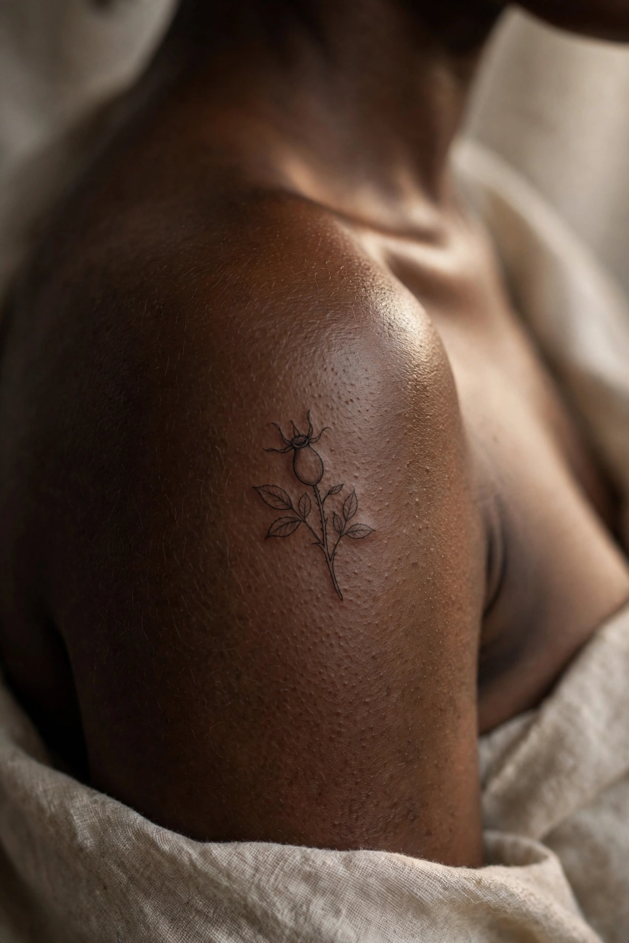 Wild rose hips with autumn leaves tattoo in warm tones