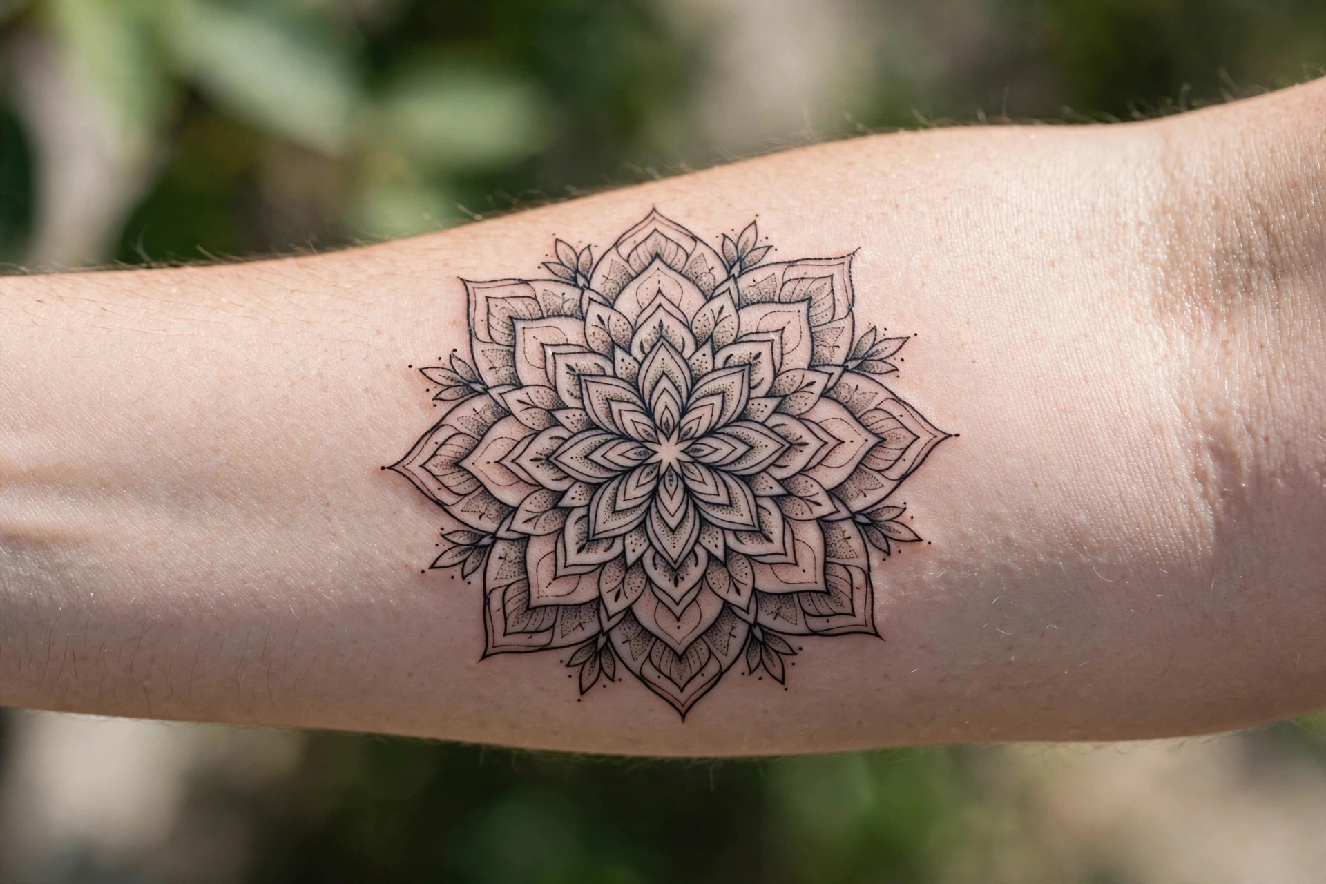 Delicate botanical vine trailing around a woman's forearm