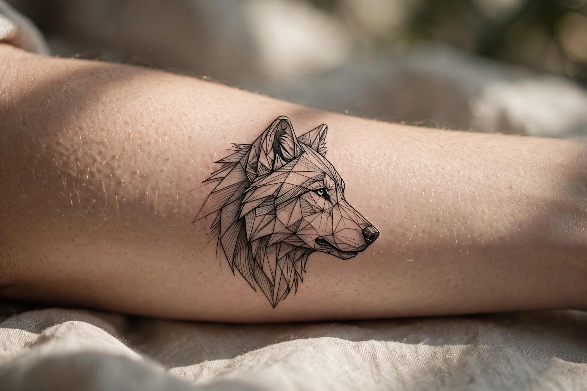 Minimalist mountain range band circling a woman's forearm
