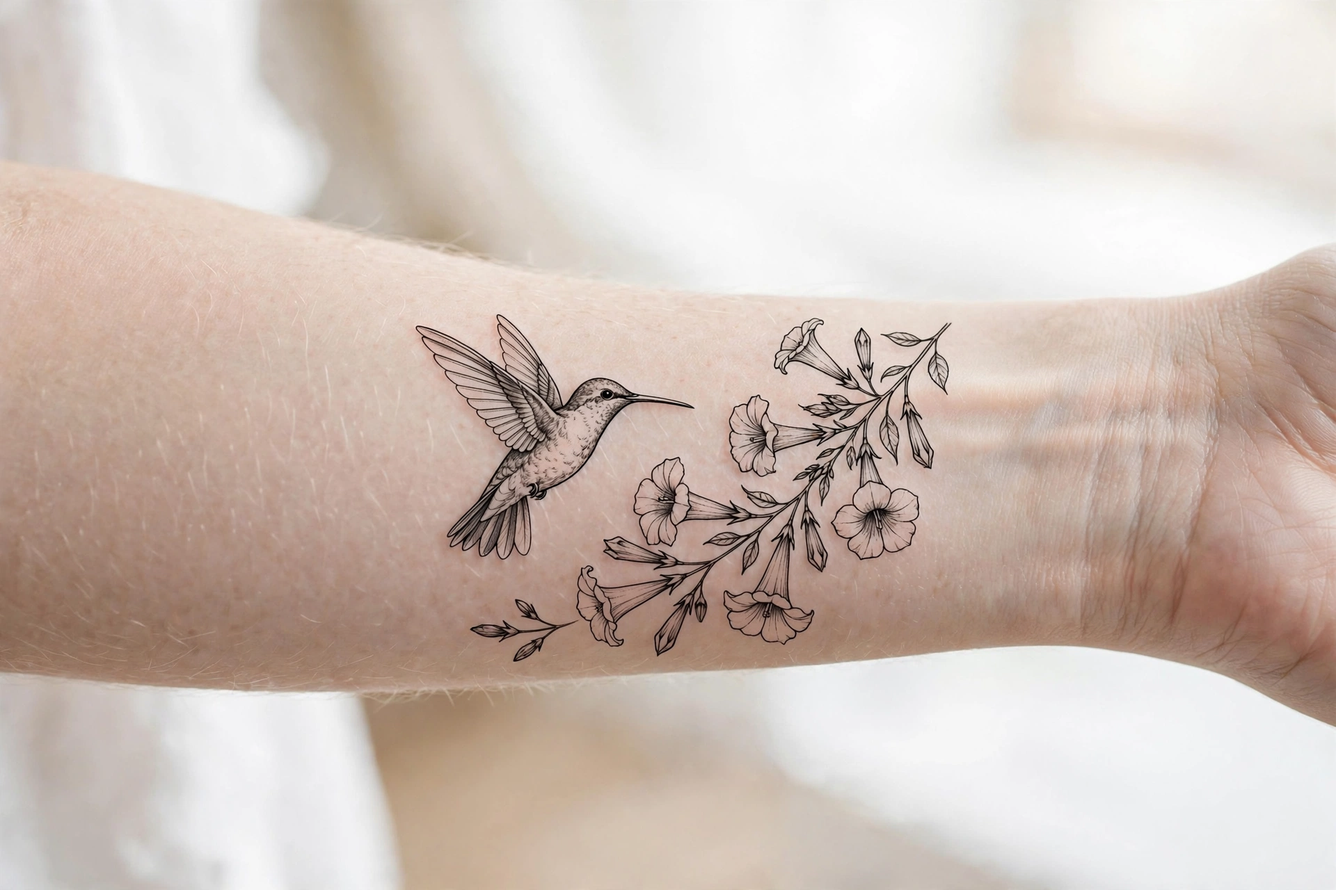 Cluster of butterflies and small flowers on a woman's inner forearm
