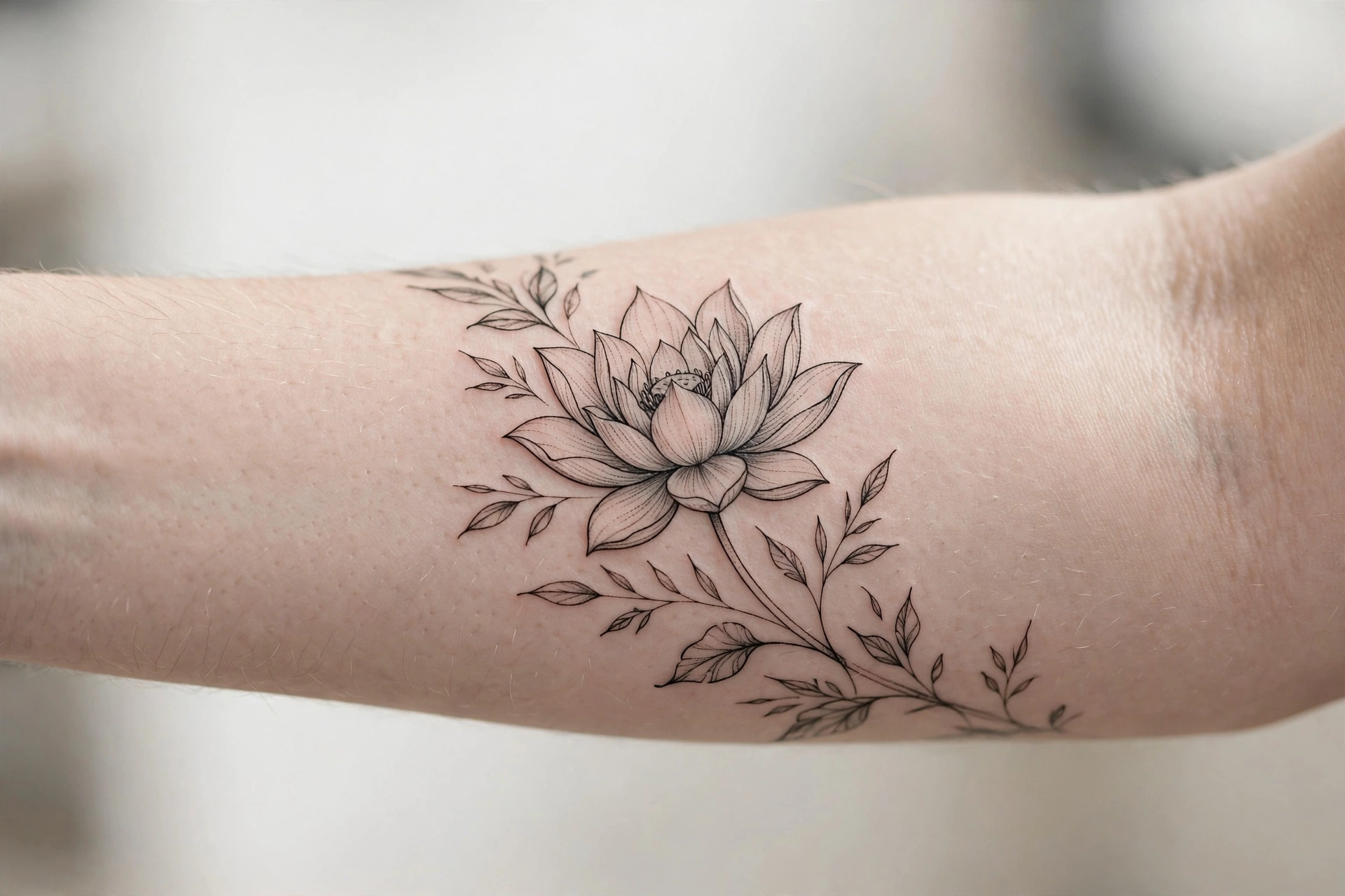 Feather dissolving into flying birds along a woman's forearm