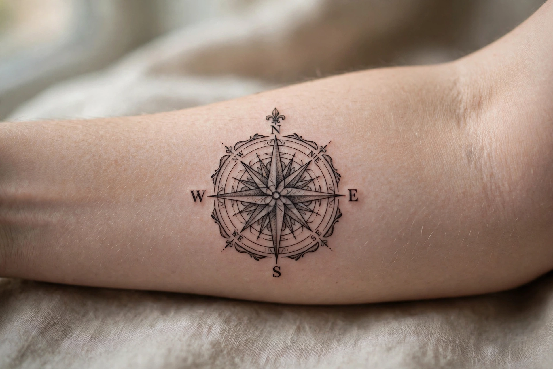 Constellation map with fine connecting lines on a woman's forearm