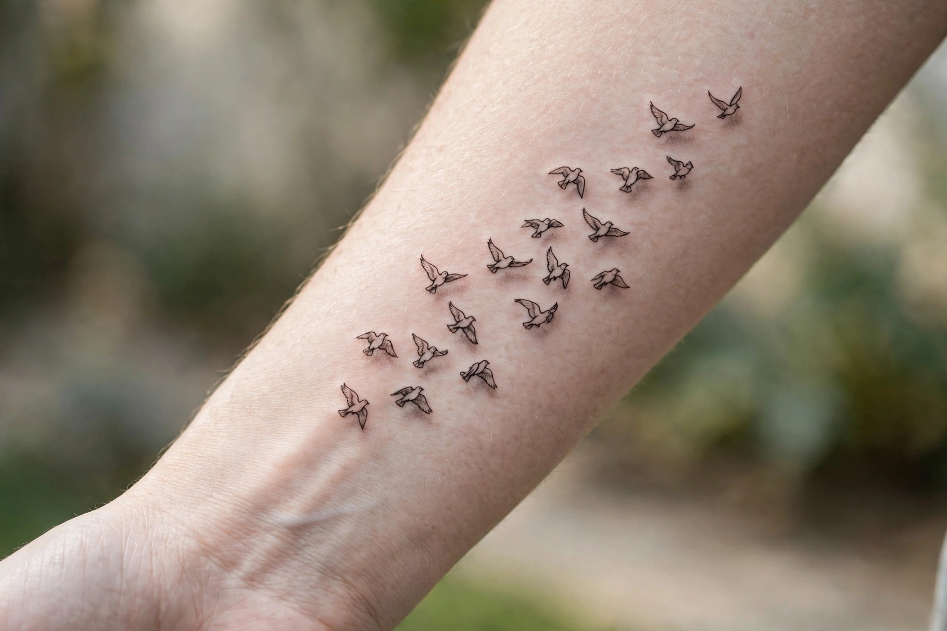 Lush peony flower cluster tattoo on a woman's outer forearm