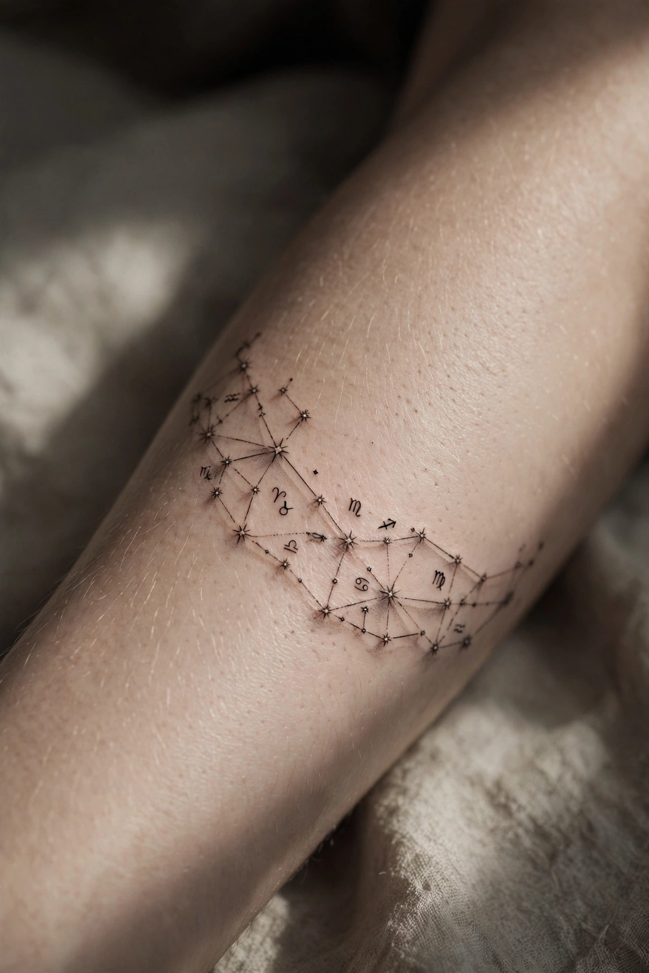 Cascading floral half-sleeve composition flowing down a woman's forearm