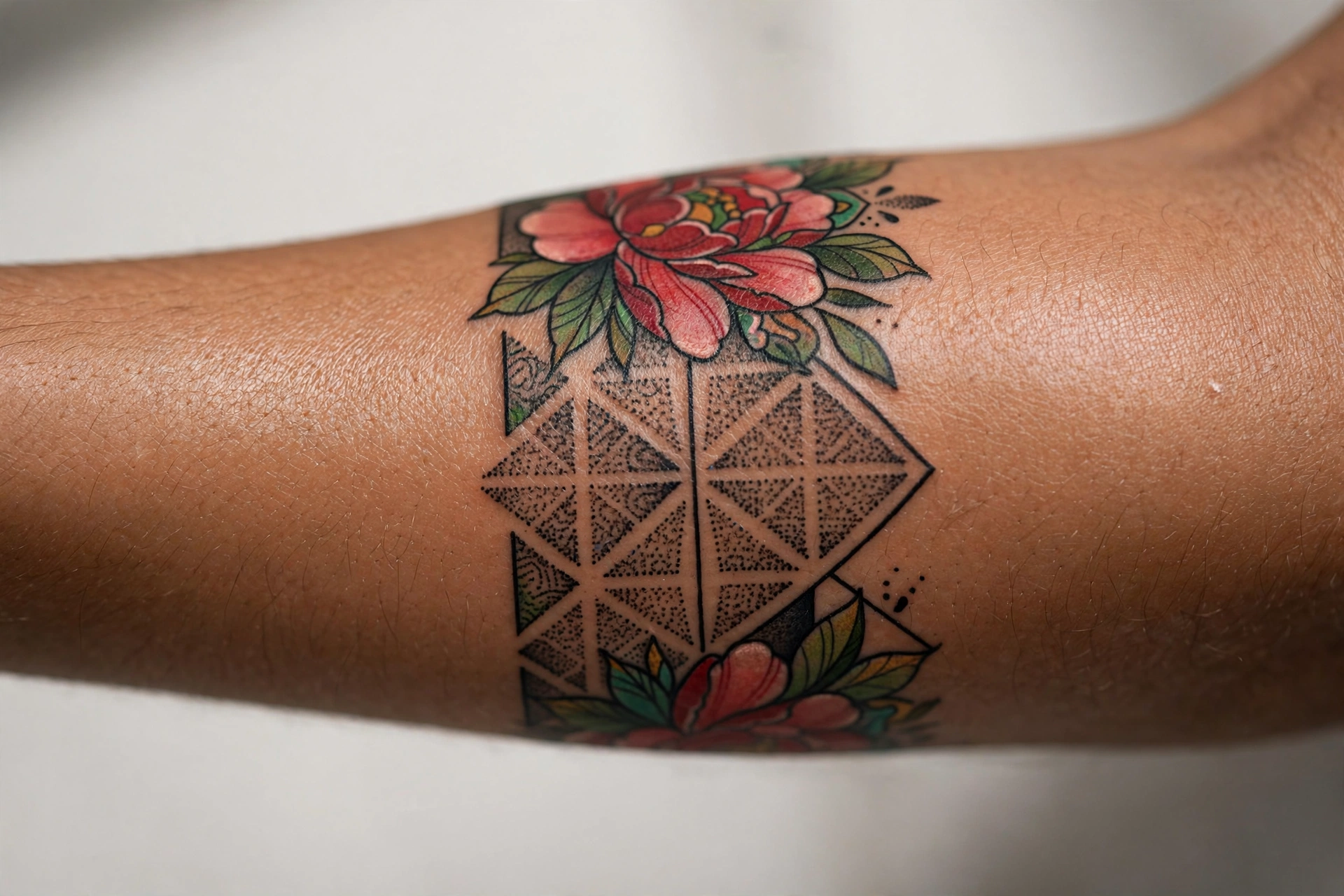 Dotwork geometric band tattoo around man's forearm