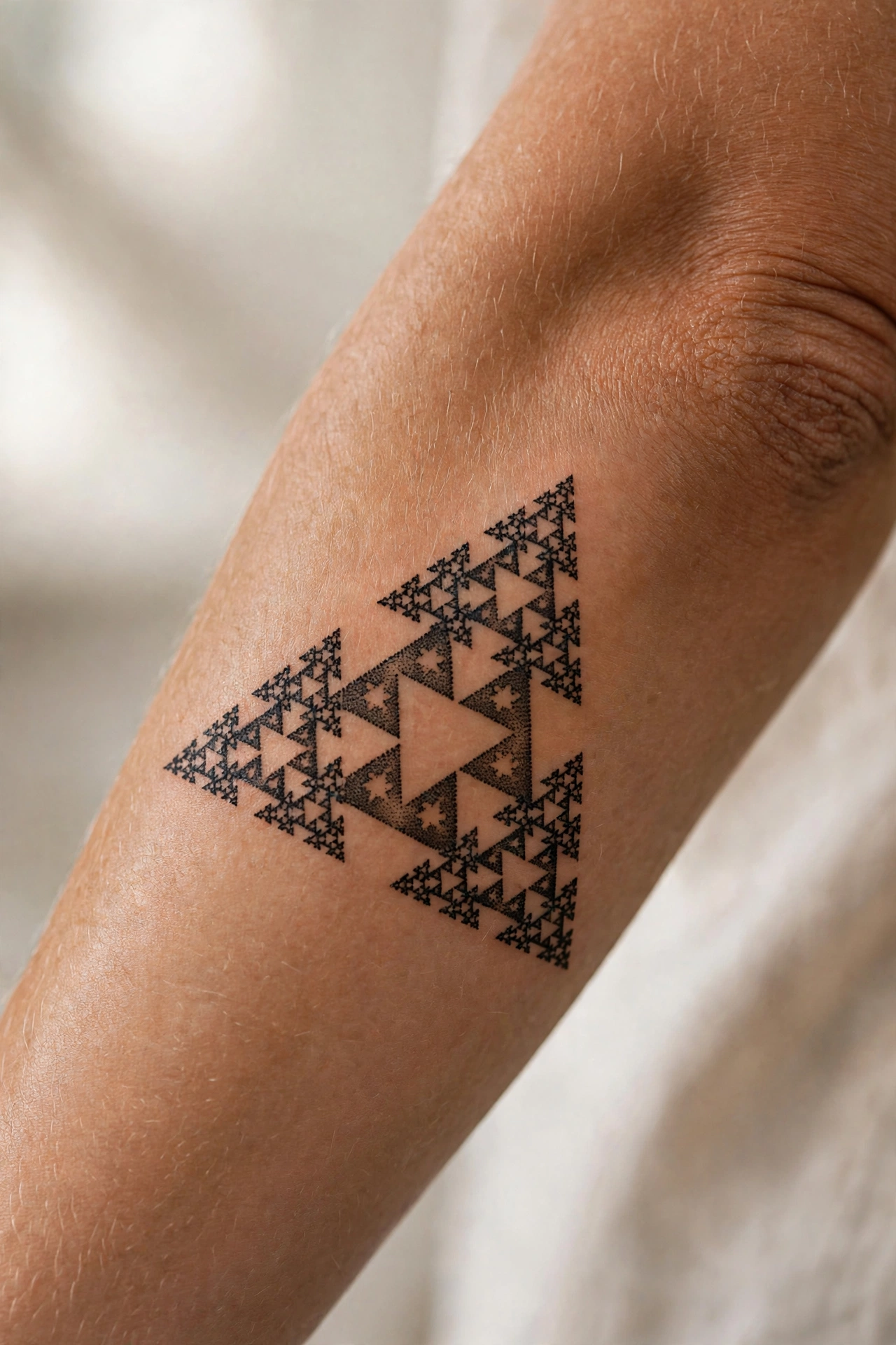 Fractal triangle geometric tattoo on man's bicep