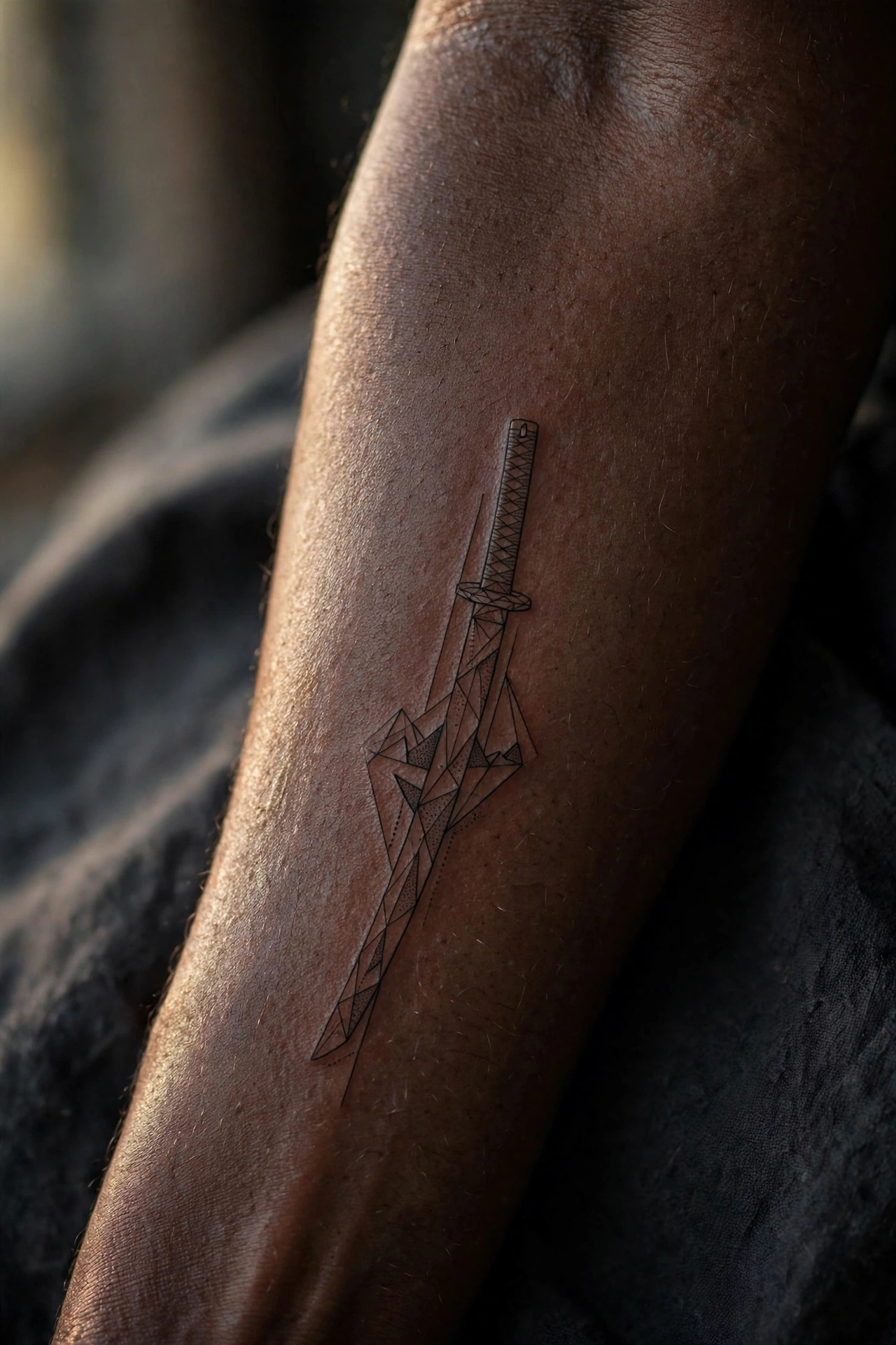 Geometric katana tattoo on man's forearm