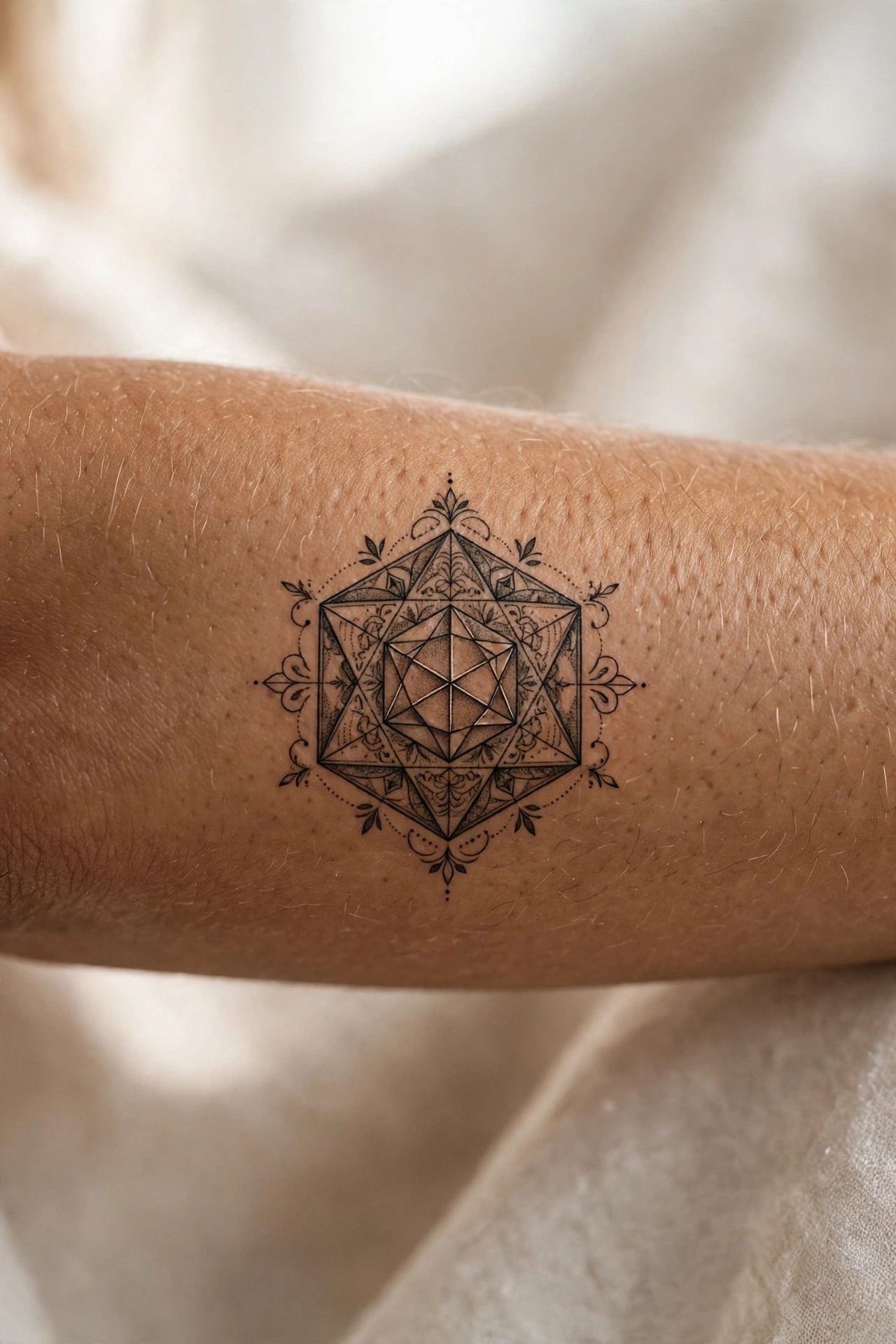 Polyhedron crystal geometric tattoo on man's forearm
