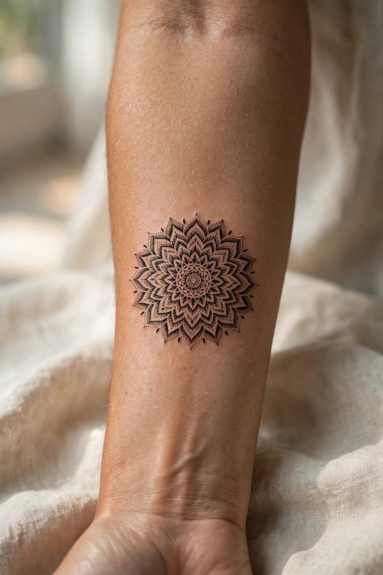 Dotwork mandala center geometric tattoo on man's chest