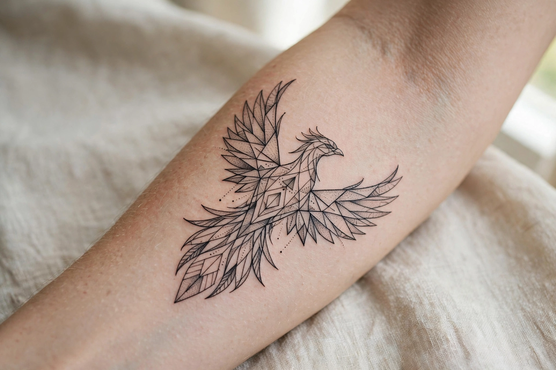 Geometric phoenix tattoo on man's back