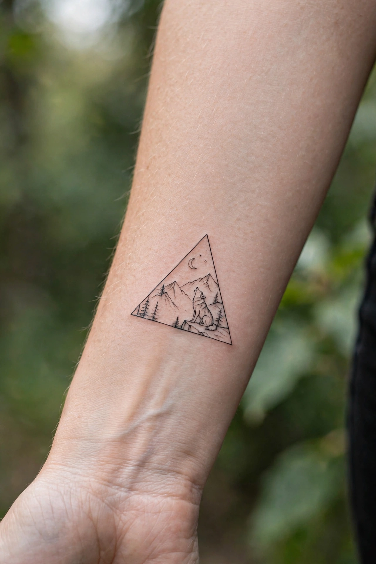 Triangular wolf scene geometric tattoo on man's bicep