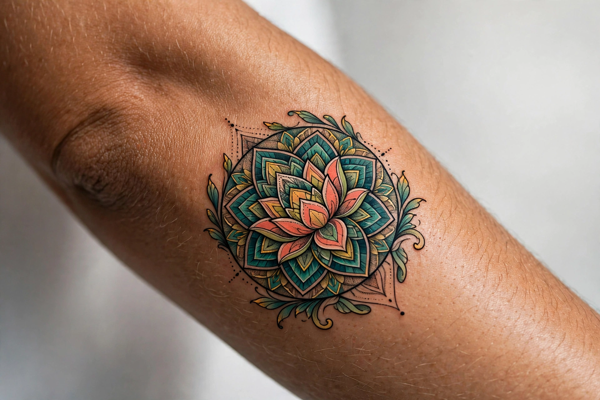 Geometric lotus mandala tattoo on man's shoulder blade