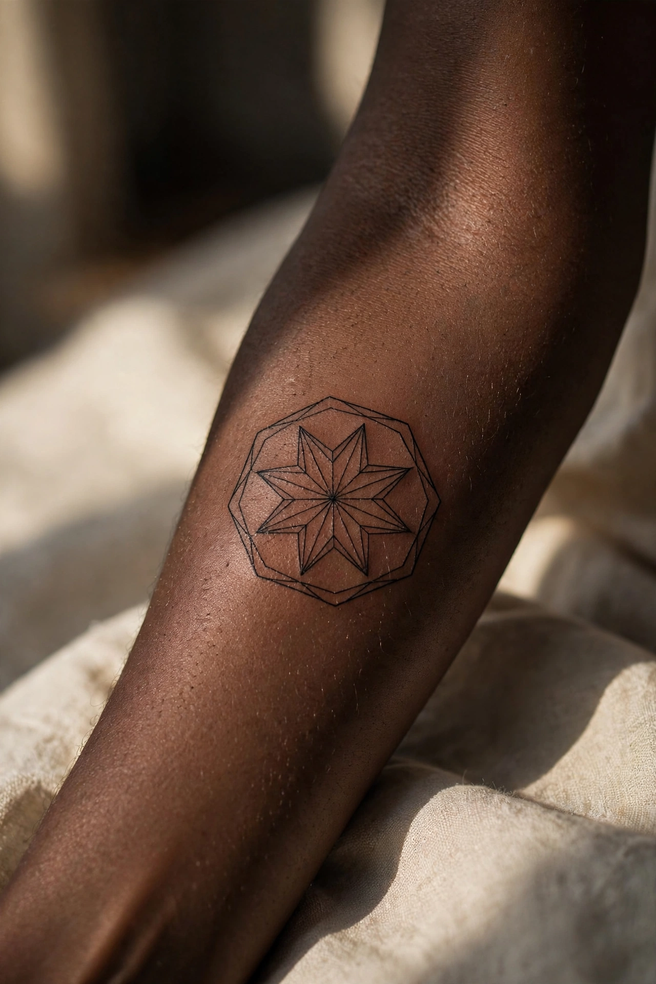 Octagon star pattern geometric tattoo on man's chest