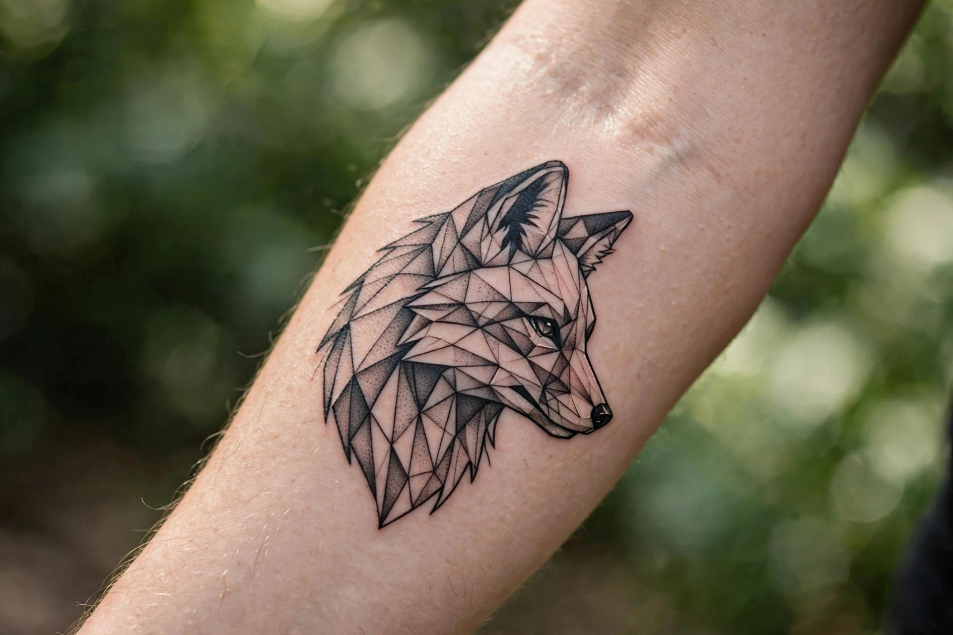 Low poly fox tattoo on man's forearm