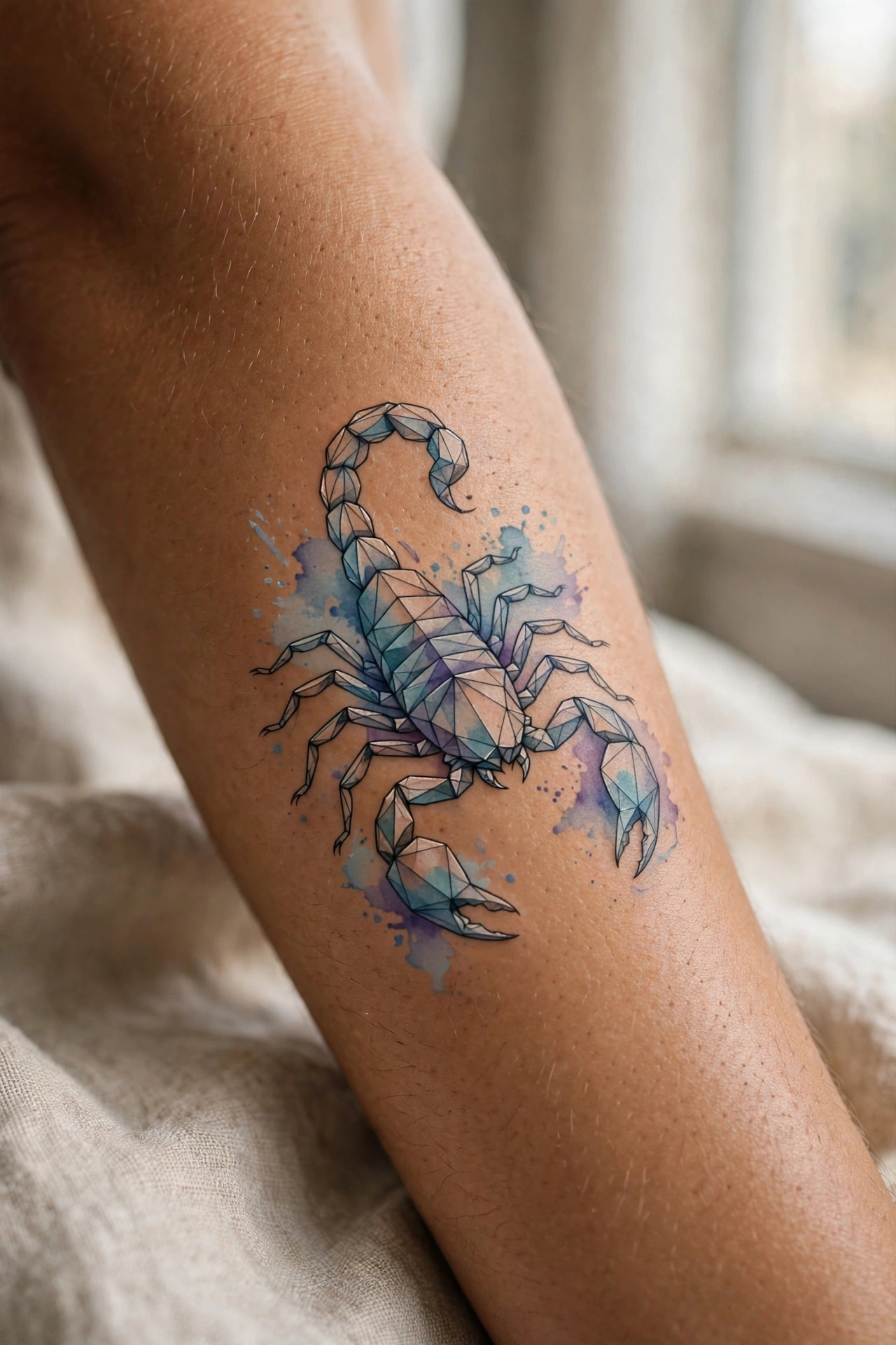 Geometric scorpion tattoo on man's ankle