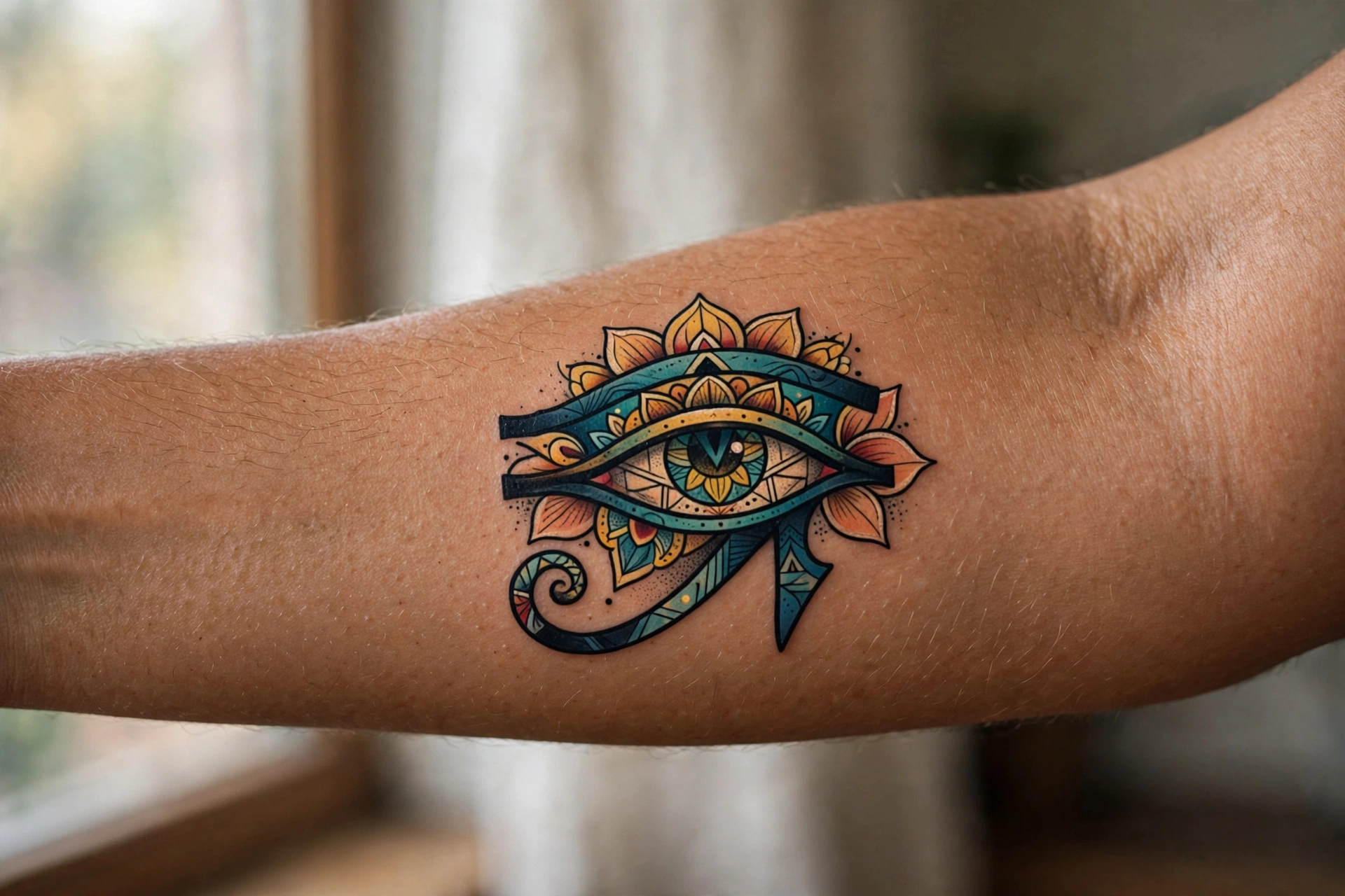 Geometric eye of horus tattoo on man's forearm