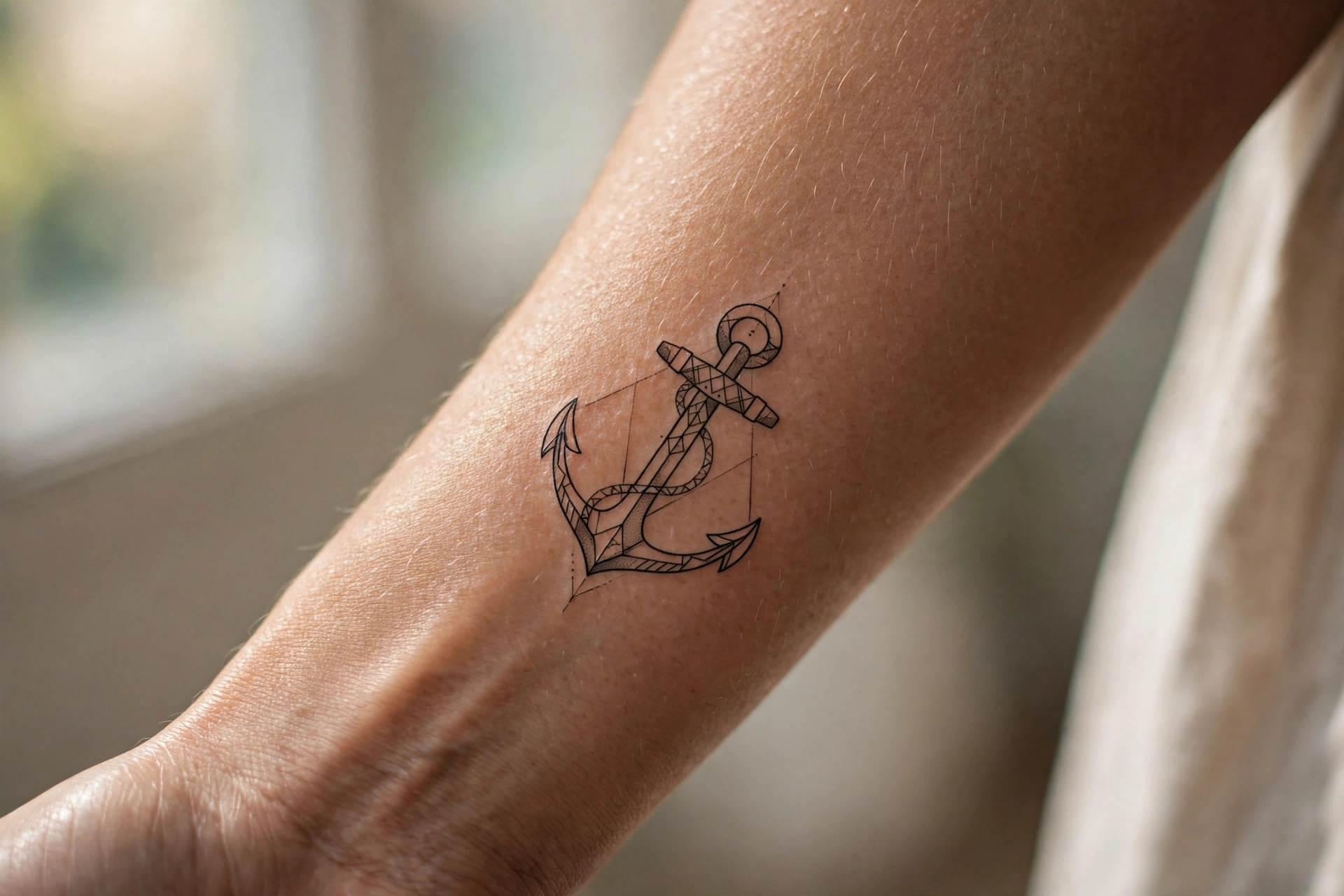 Geometric anchor tattoo on man's forearm