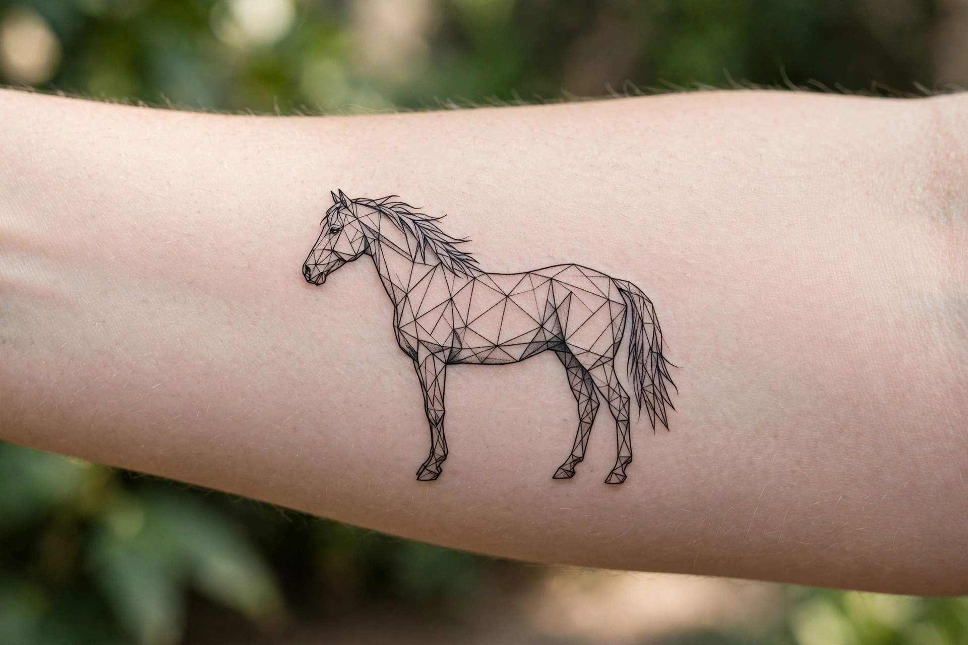 Low poly horse tattoo on man's thigh