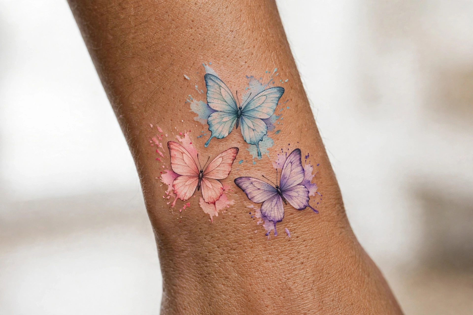 Three small butterflies girly tattoo idea on the collarbone