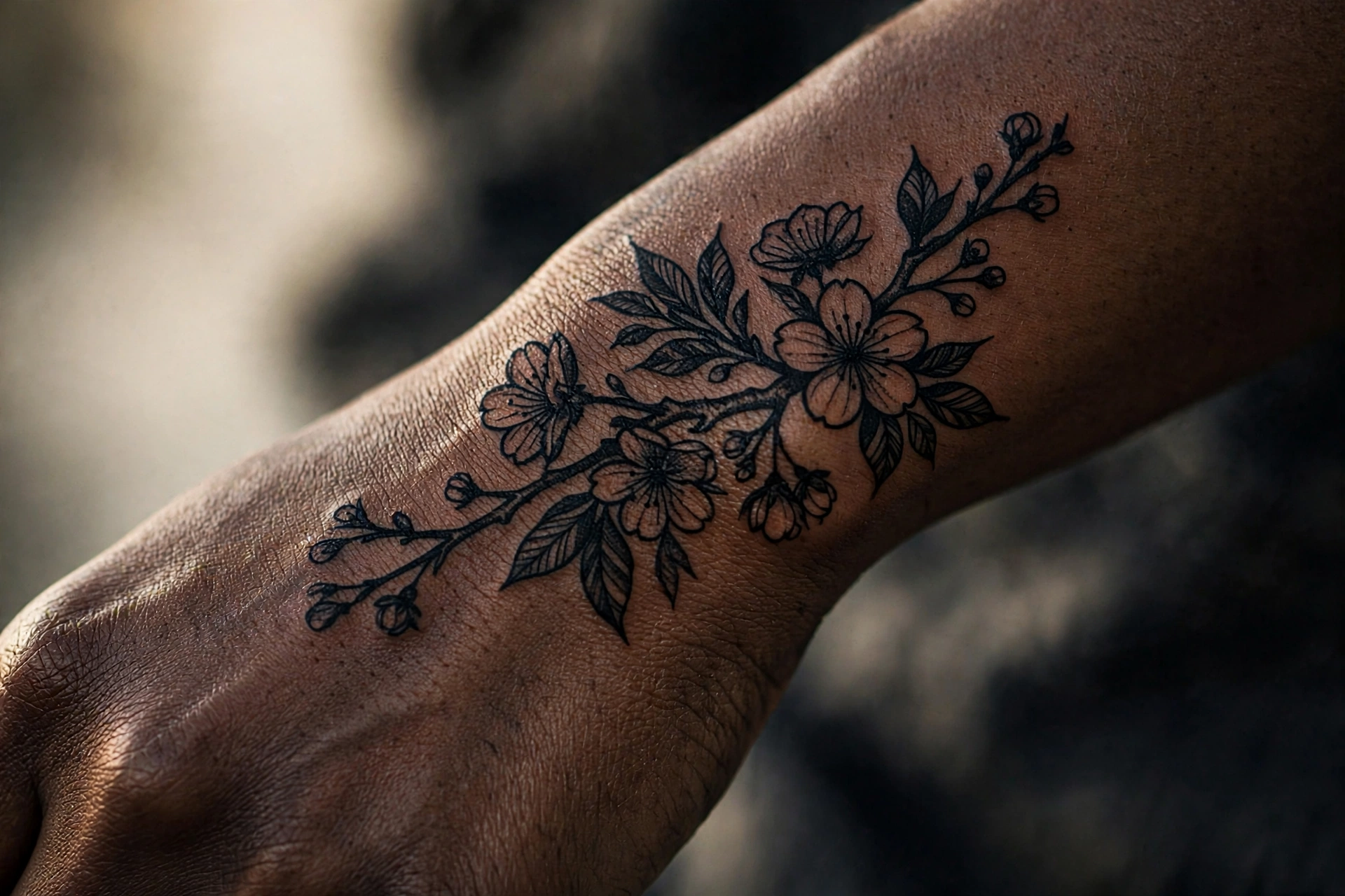 Cherry blossom sprig girly tattoo on the shoulder