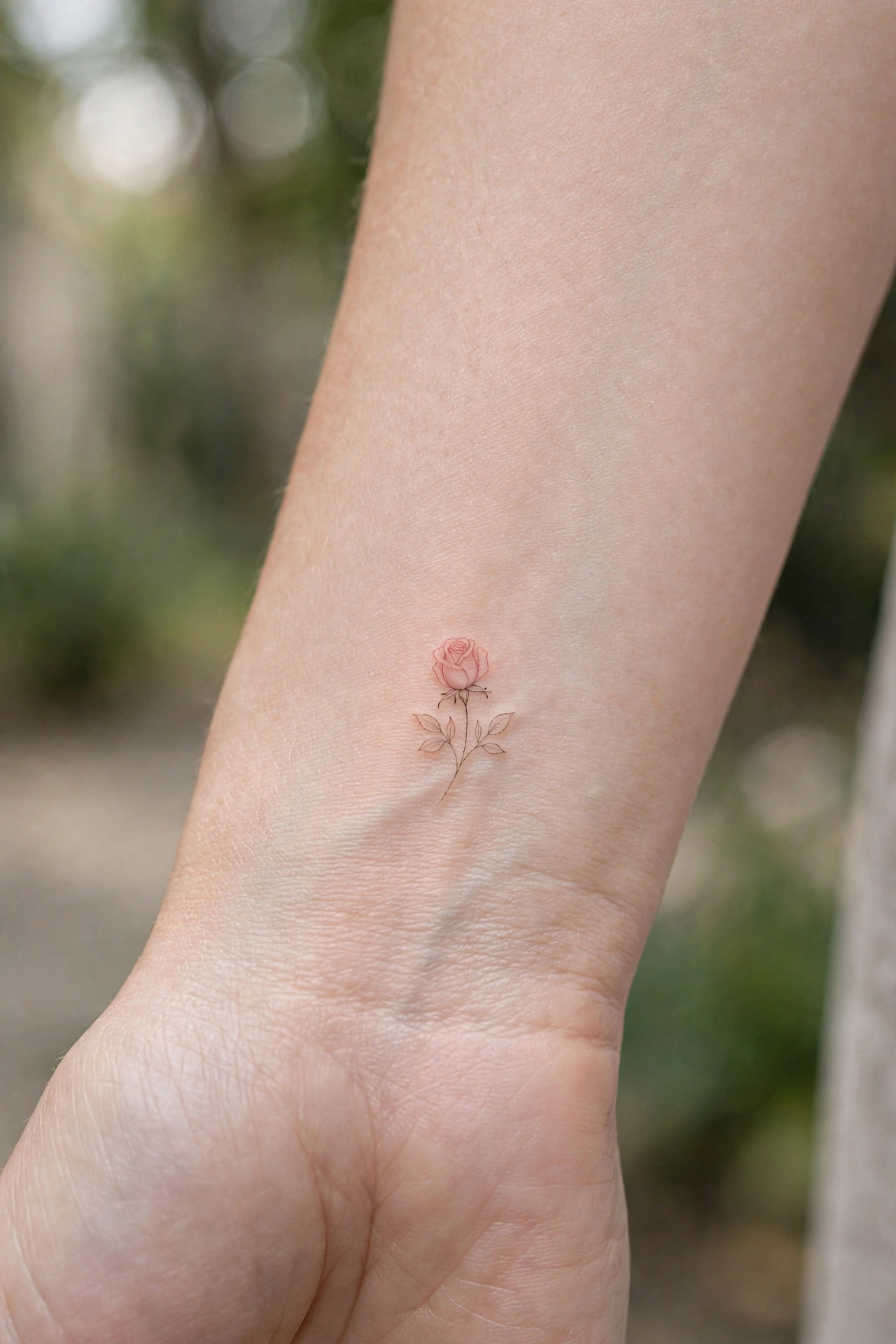 Pink rosebud girly tattoo idea on the wrist