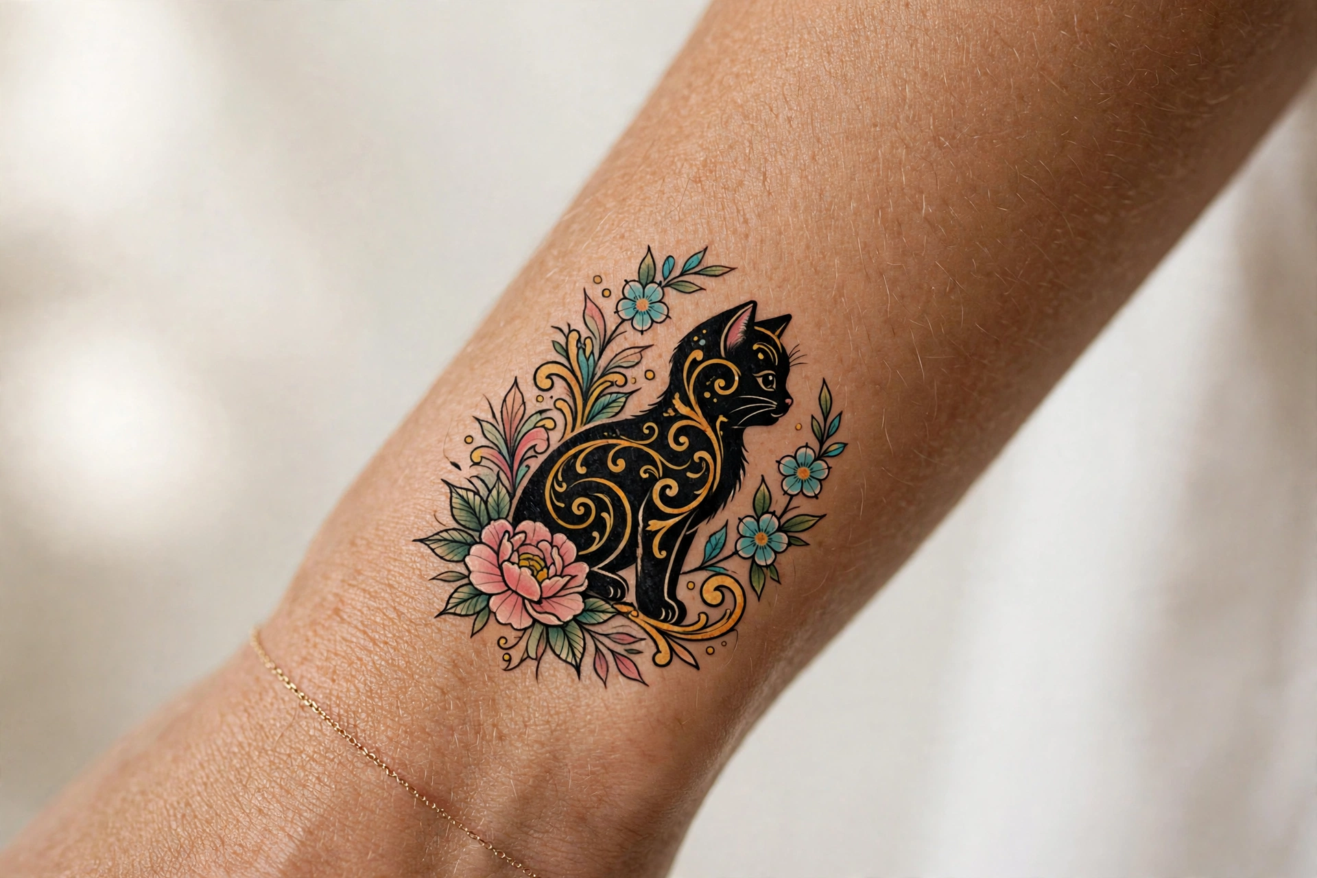 Cute kitten silhouette girly tattoo on the ankle