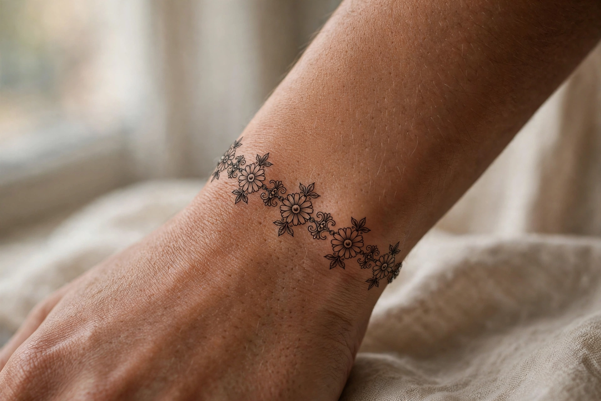 Daisy chain anklet girly tattoo idea around the ankle