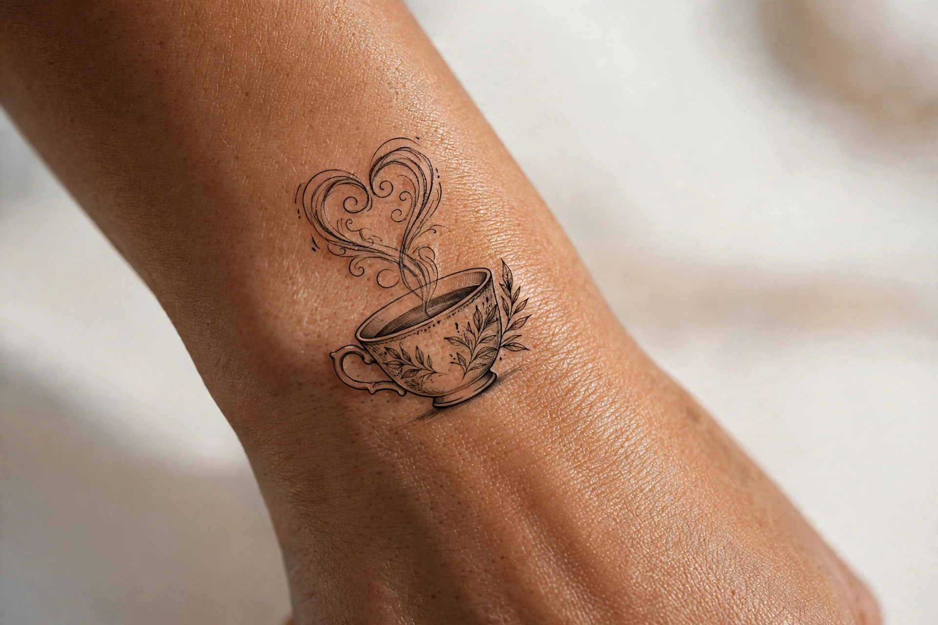 Teacup with steam heart girly tattoo on the forearm