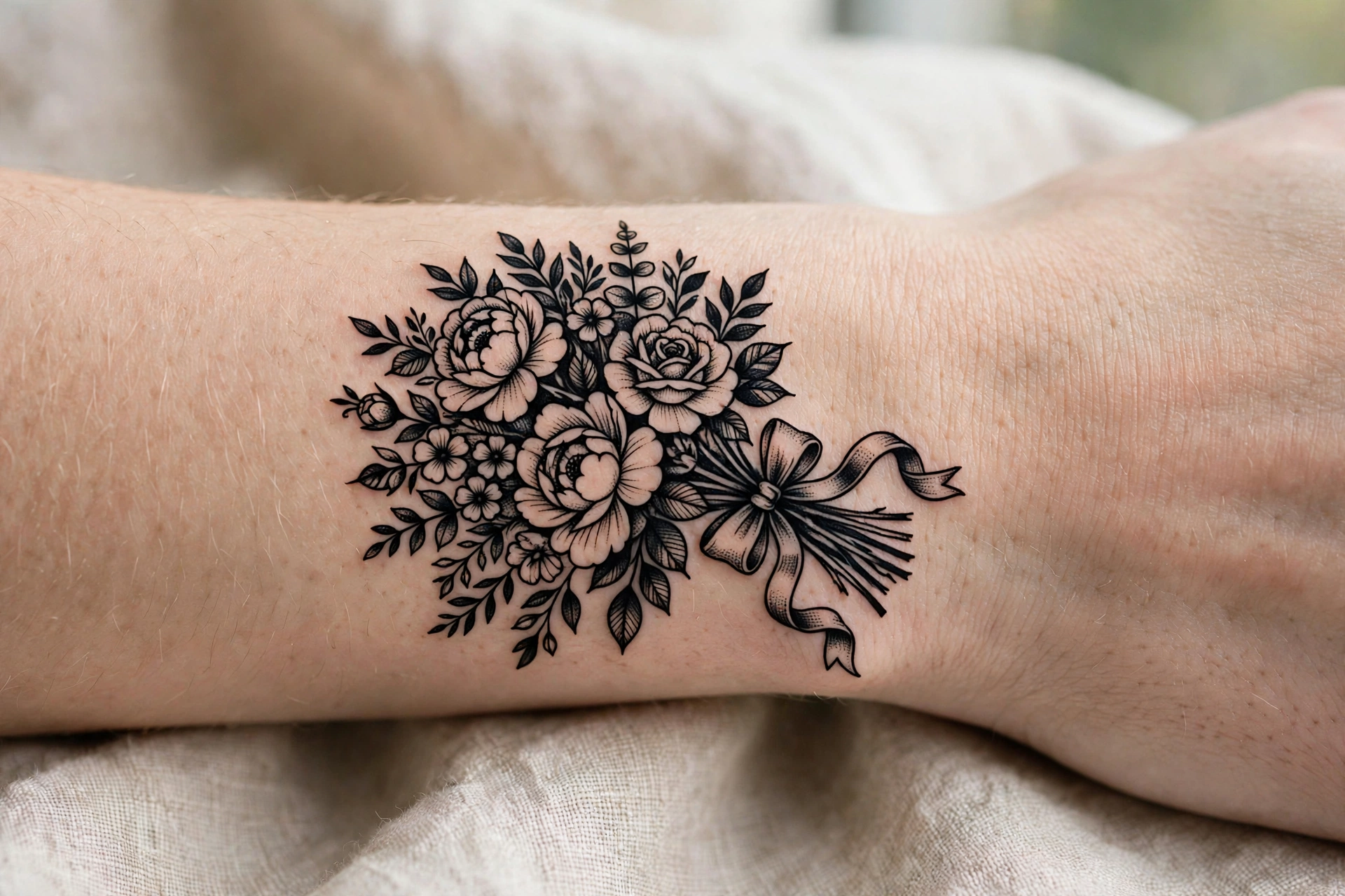 Ribbon tied bouquet girly tattoo on the forearm