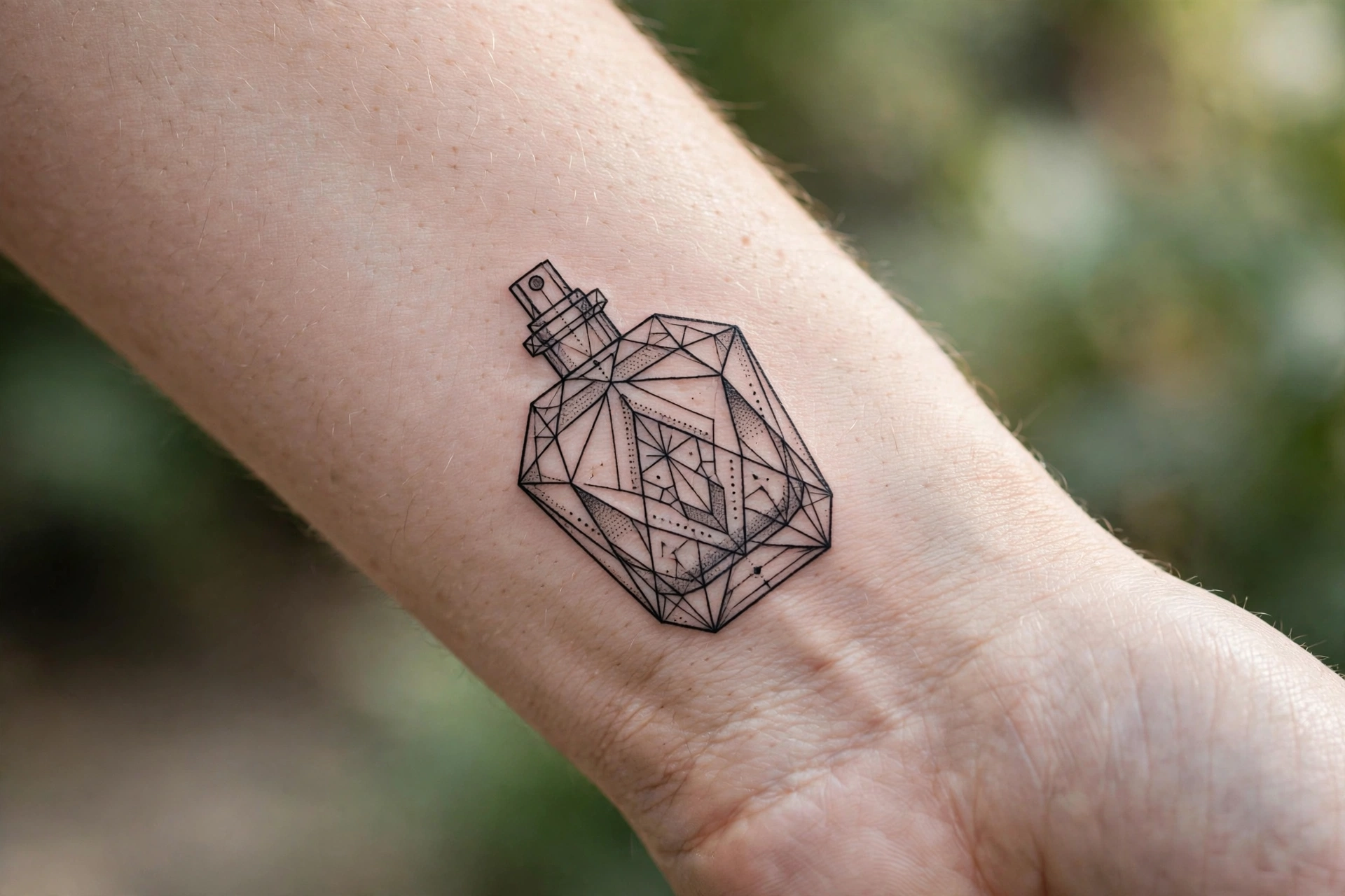 Vintage perfume bottle girly tattoo on the forearm