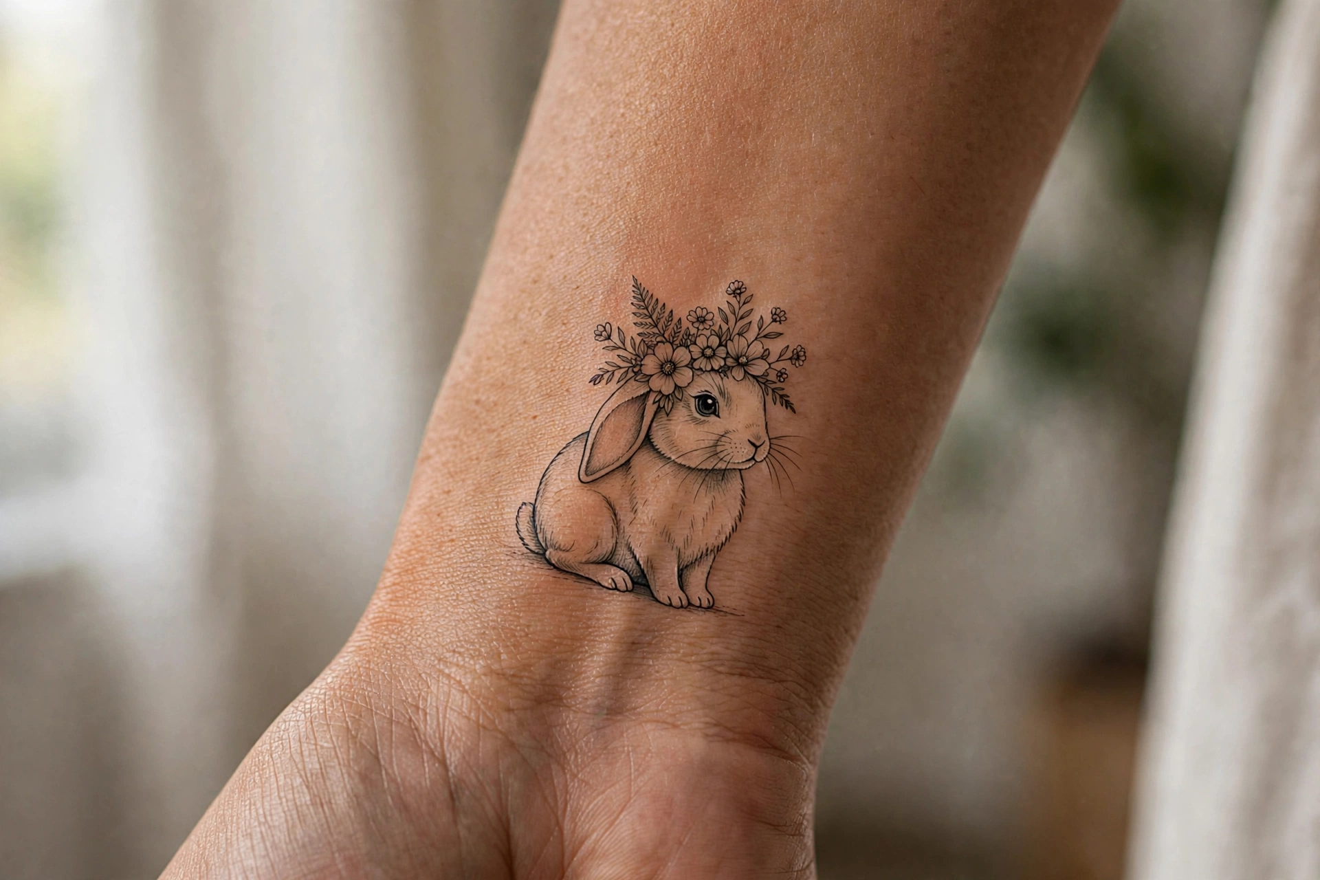 Bunny with flower crown girly tattoo on the thigh