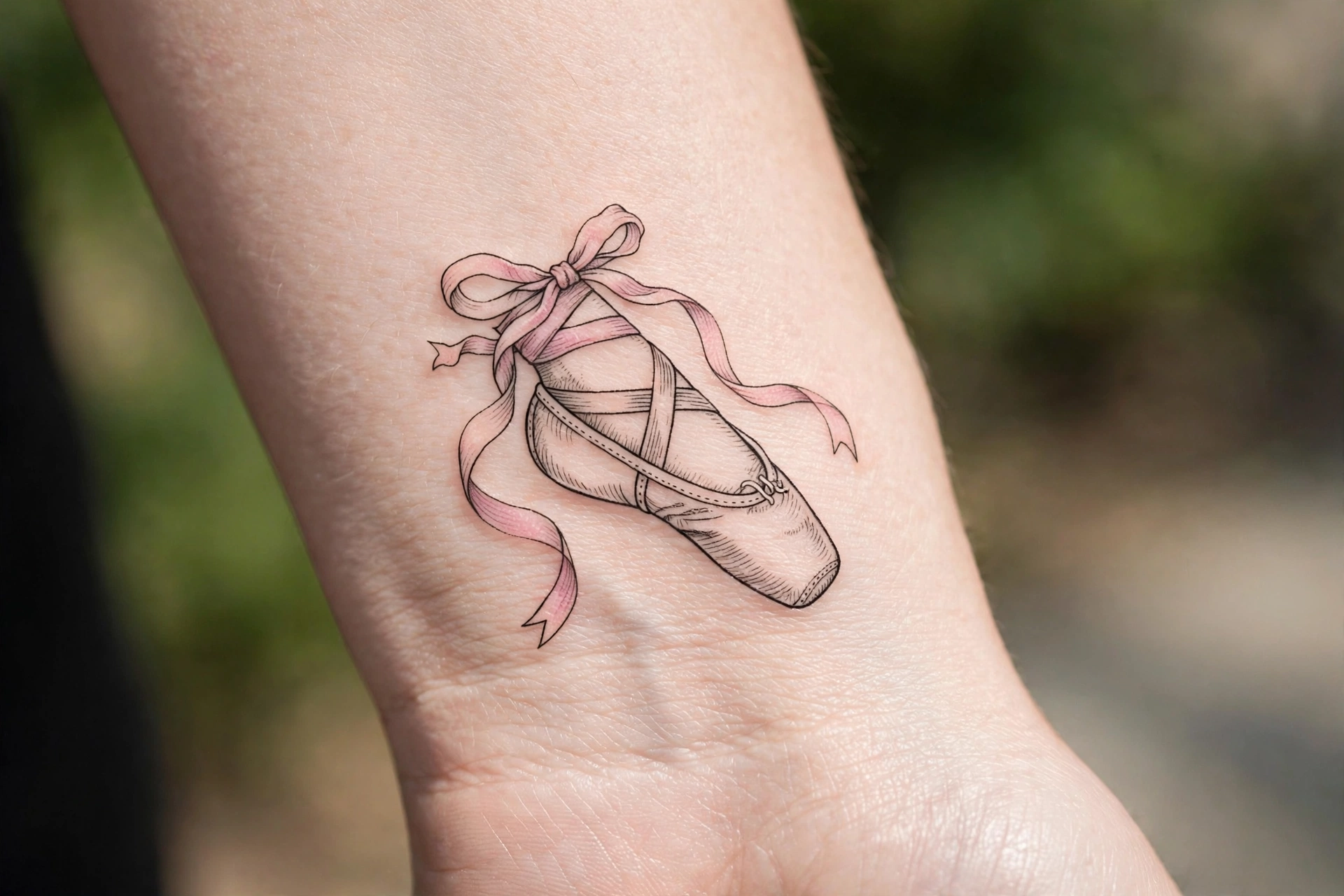 Ballet ribbon wrap girly tattoo idea around the ankle