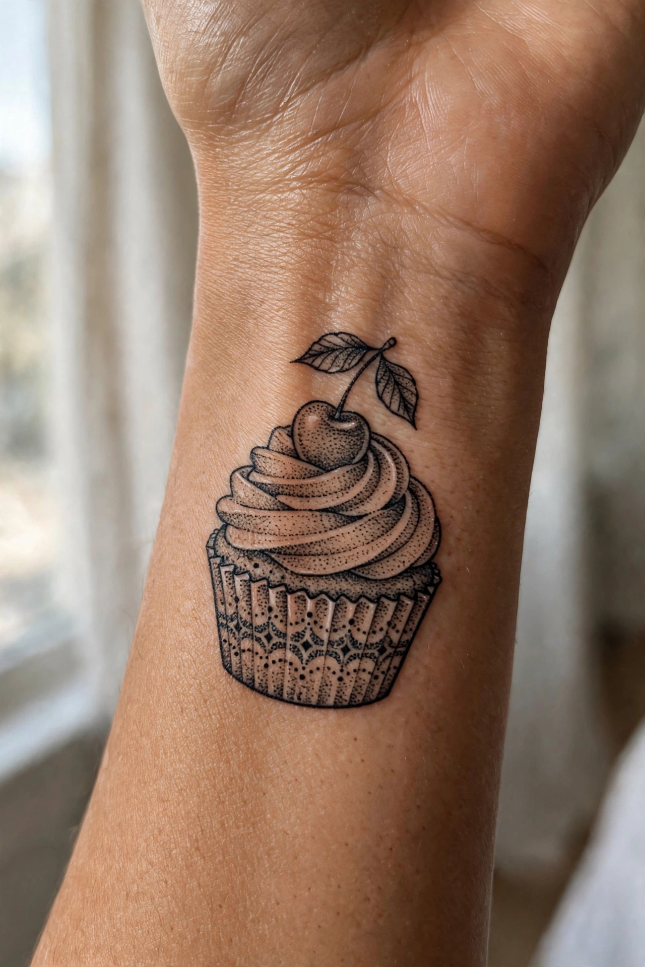 Cupcake with cherry girly tattoo idea on the forearm