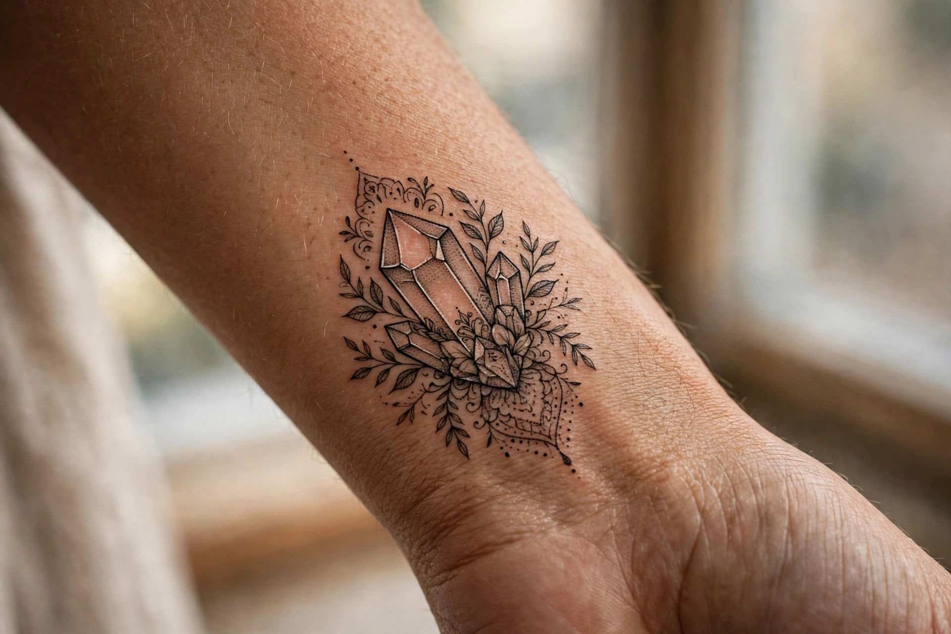 Rose quartz crystal girly tattoo on the forearm