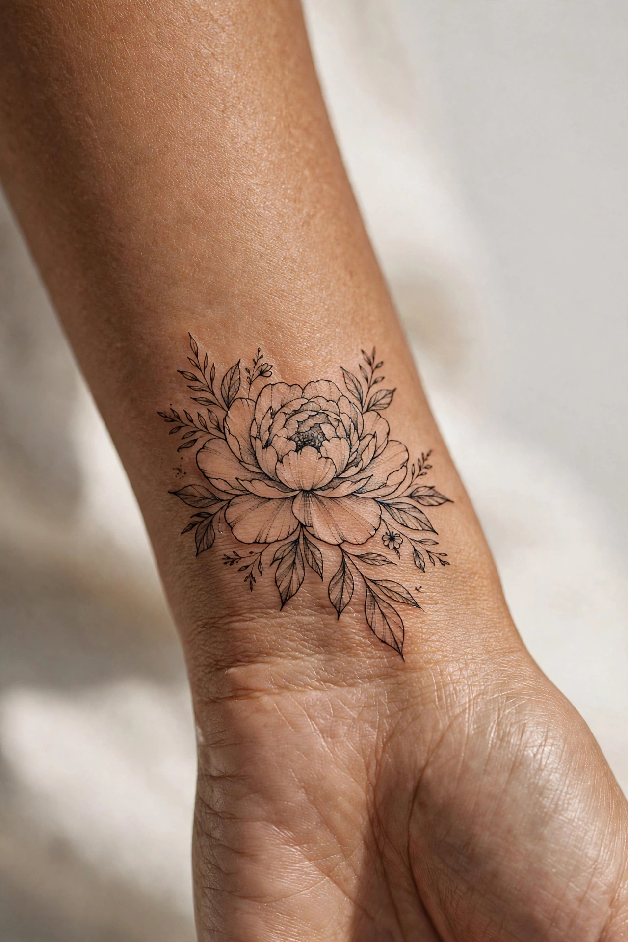 Peony bloom girly tattoo idea on the shoulder