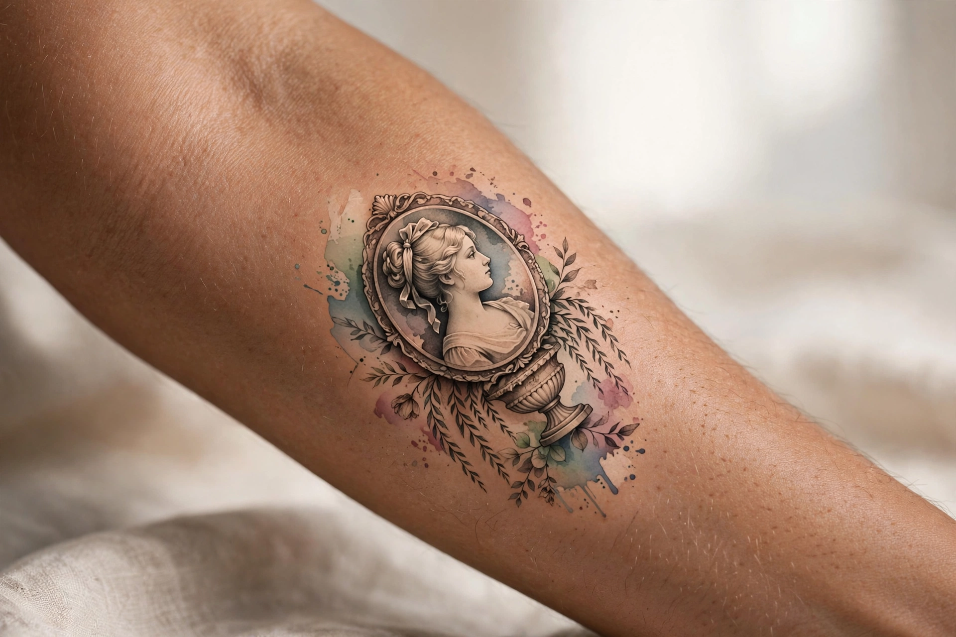 Victorian mourning cameo gothic tattoo of a woman's profile