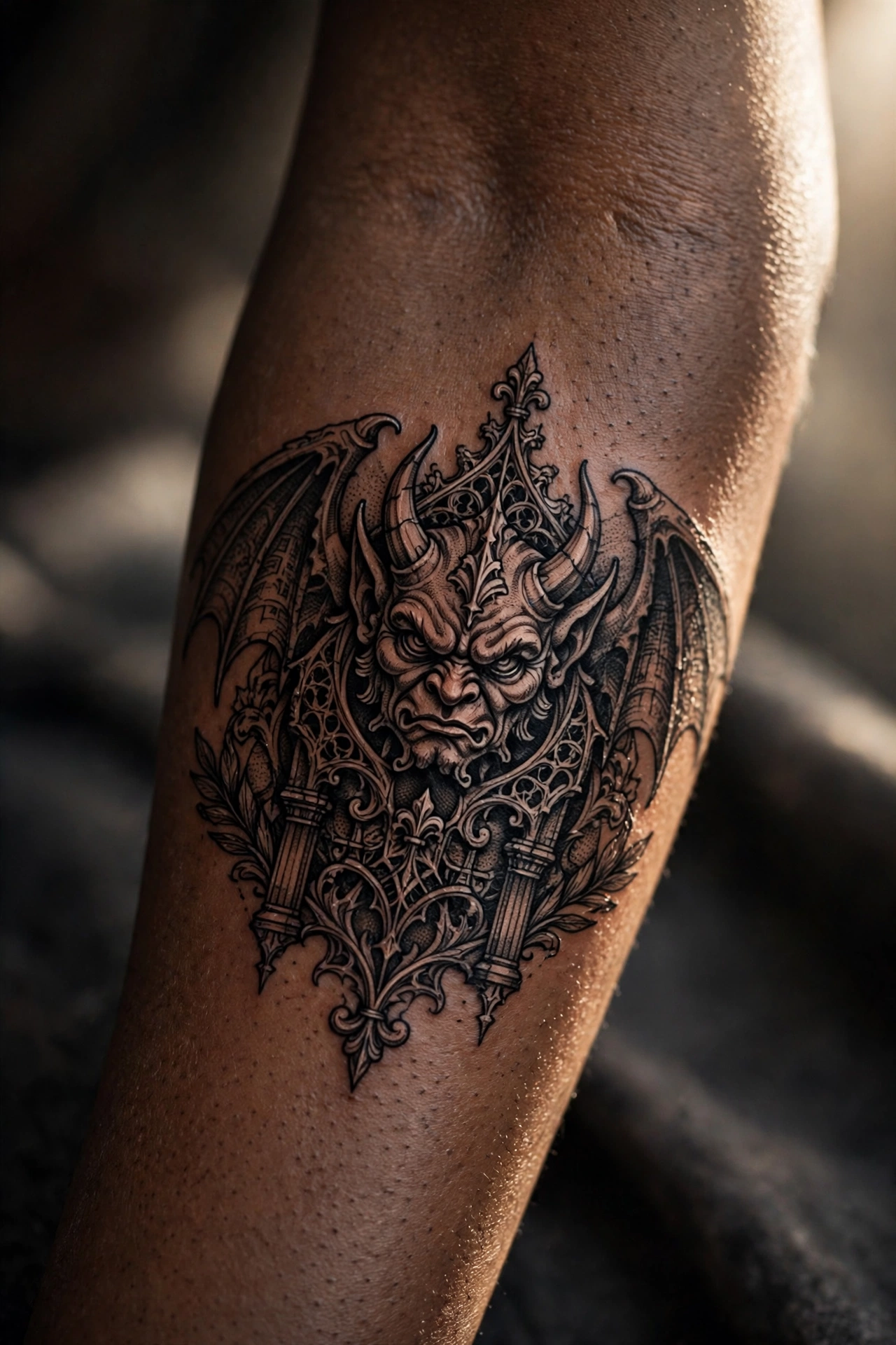 Stone gargoyle guardian gothic tattoo perched on shoulder