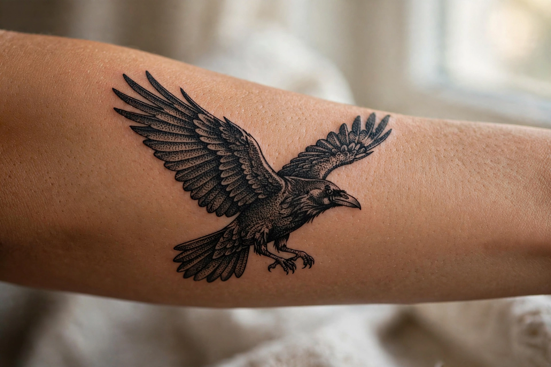 Blackwork raven tattoo with spread wings in flight