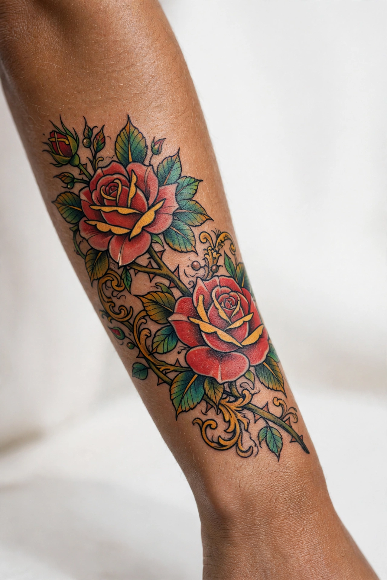 Dark rose and thorn vine gothic tattoo wrapping forearm