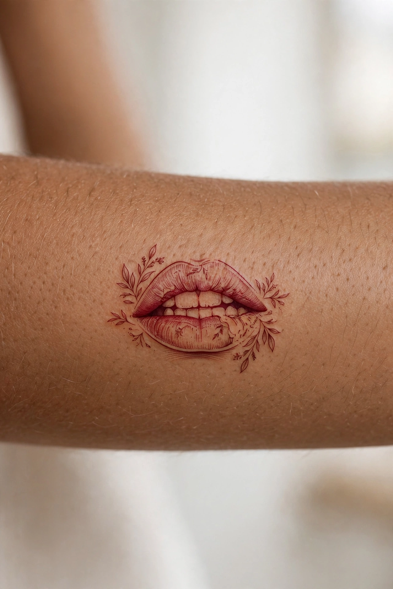 Crimson vampire lips gothic tattoo with subtle bite mark on neck