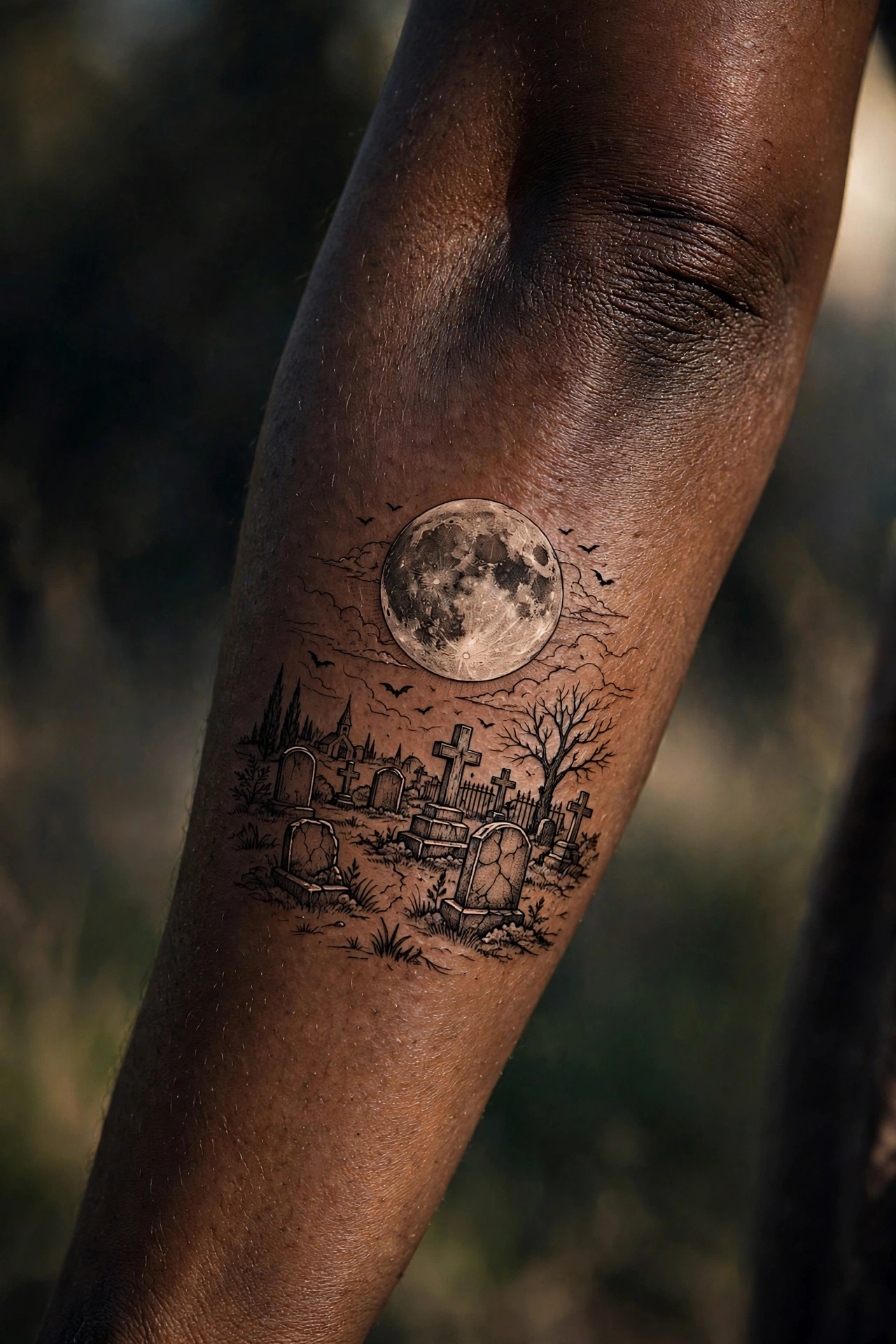Full moon rising over a gothic graveyard tattoo scene